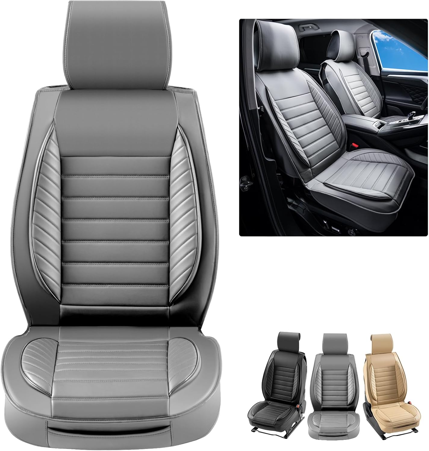 VEVOR Seat Covers, Universal Car Seat Covers Front Seats, 2pcs Faux Leather Seat Cover, Semi-Enclosed Design, Detachable Headrest and Airbag Compatible, for Most Cars SUVs and Trucks Gray