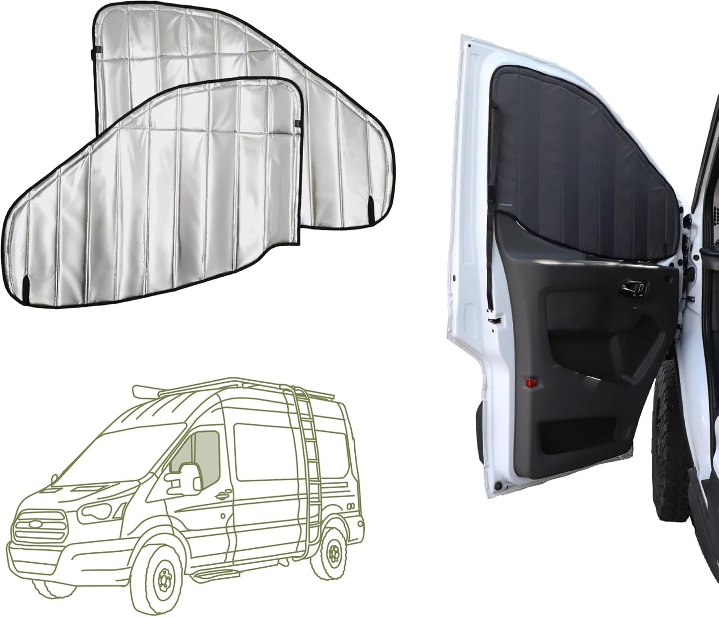 VanEssential Insulated Blackout Crew Window Cover Designed for Ford Transit Van Year 2015 to Current with NO Plastic Trim - Cool Gray