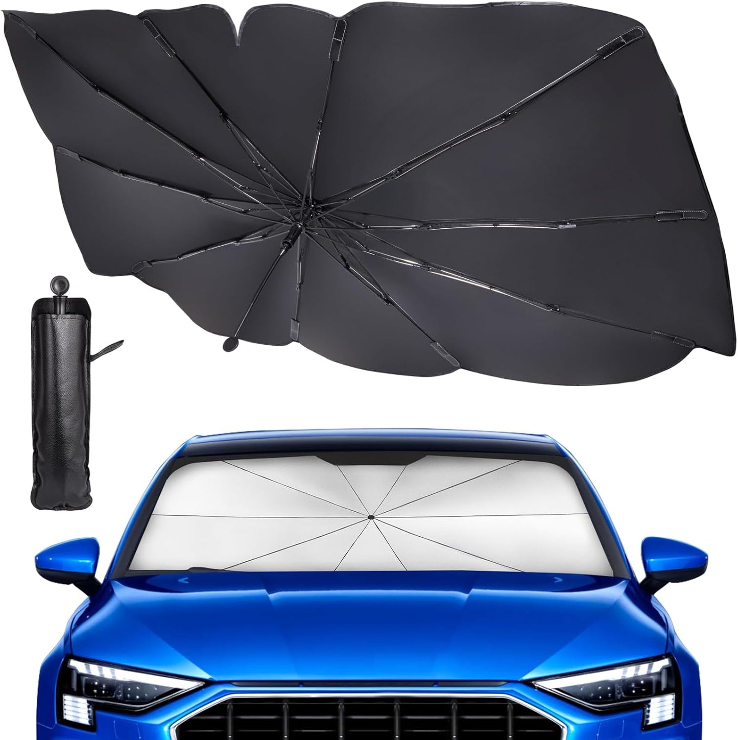 Spurtar Sunshade Umbrella Fit for Tesla Model 3 / Model Y, Rustproof Car Window Shades Upgraded Fiberglass Automotive Windshield Foldable Accessories UV Block Heat Window Insulation Protection 57"x34"