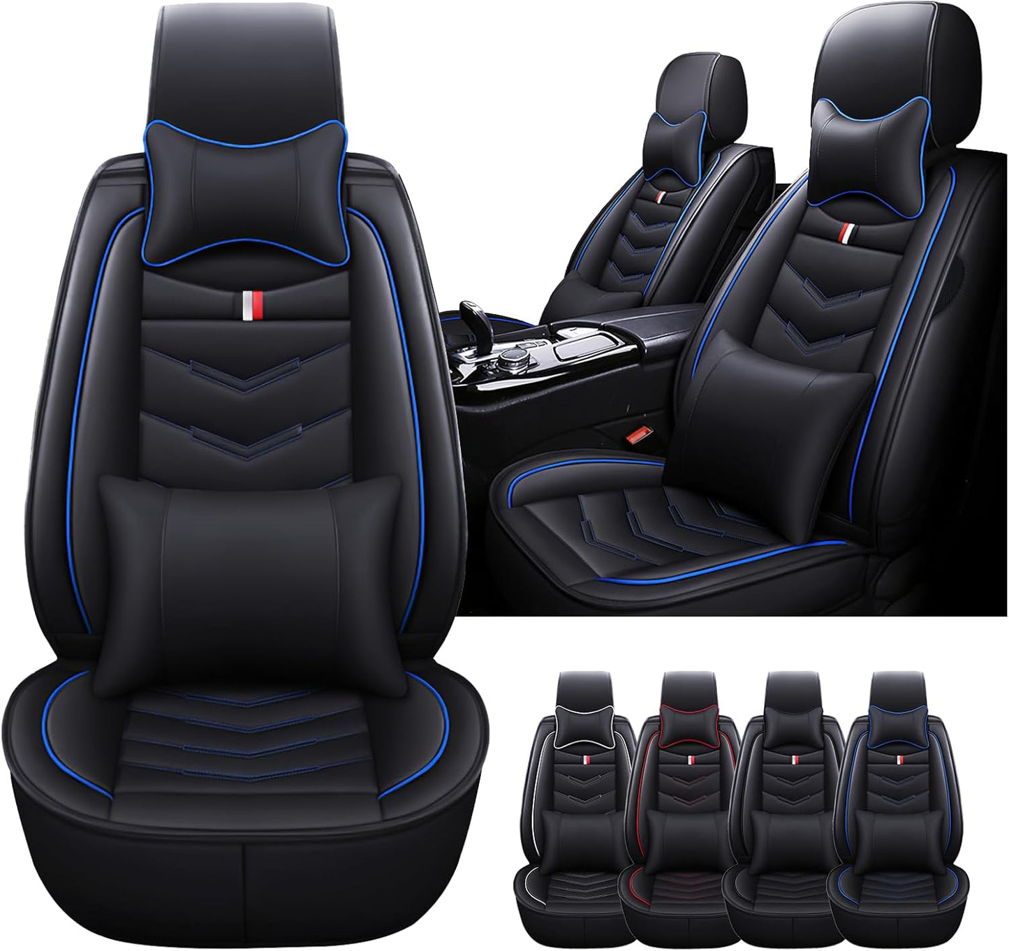 Car Seat Cover for GMC Terrain 2010-2024, Waterproof Durable Compatible Airbag, Premium Leather Seat Protector(2 Seats Standard,Black Blue)