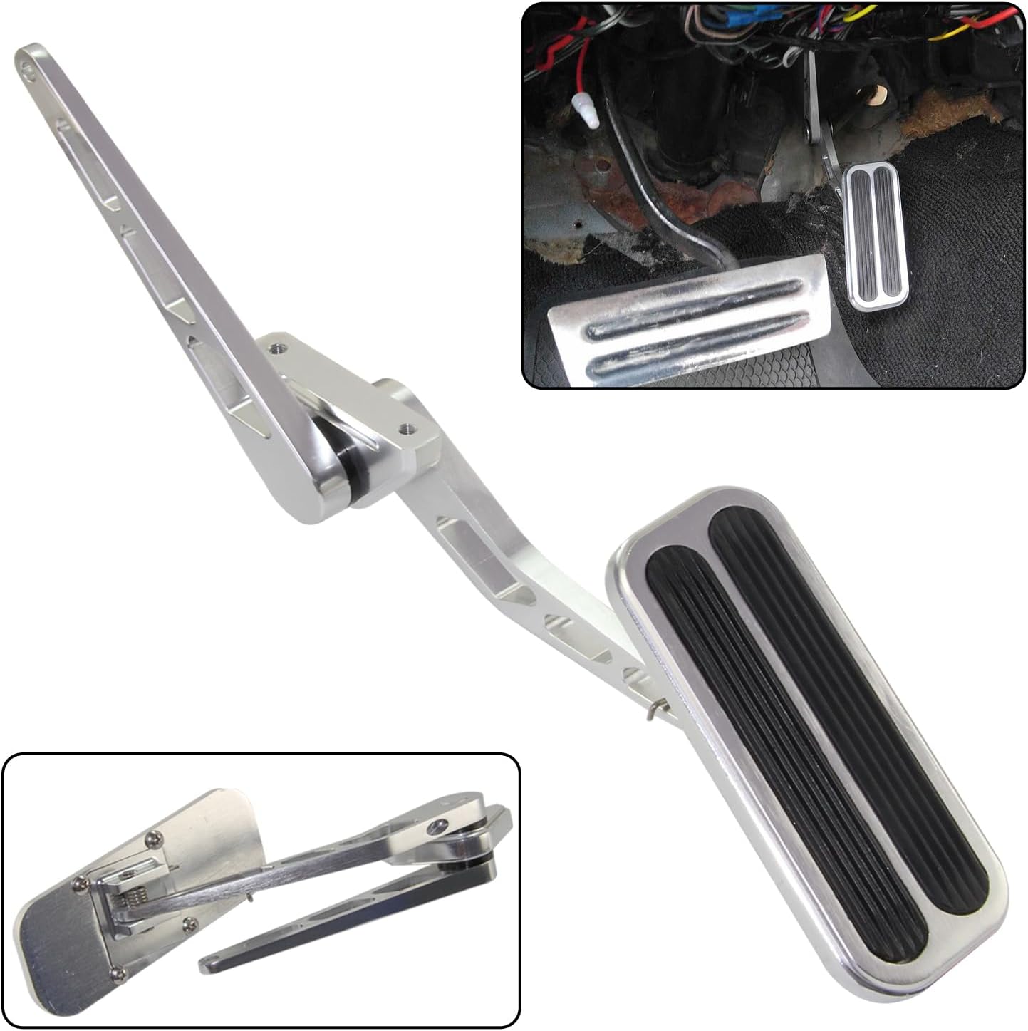 PKSABB Universal Aluminum Gas Pedal and 36" Stainless Steel Throttle Cable Bracket Spring Kit Hot Rod for Chevy Ford Silver