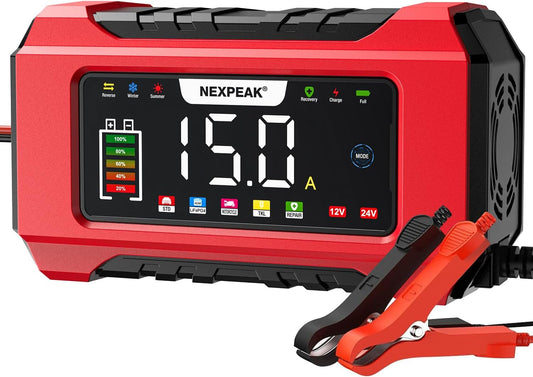 NEXPEAK NC215 15-Amp Battery Charger, Trickle Charger Car Battery Charger 12V 24V LiFePO4 Lead Acid Portable 9-Stage Smart Battery Maintainer w/Temp Compensation for Car Truck Lawn Mower Boat Marine