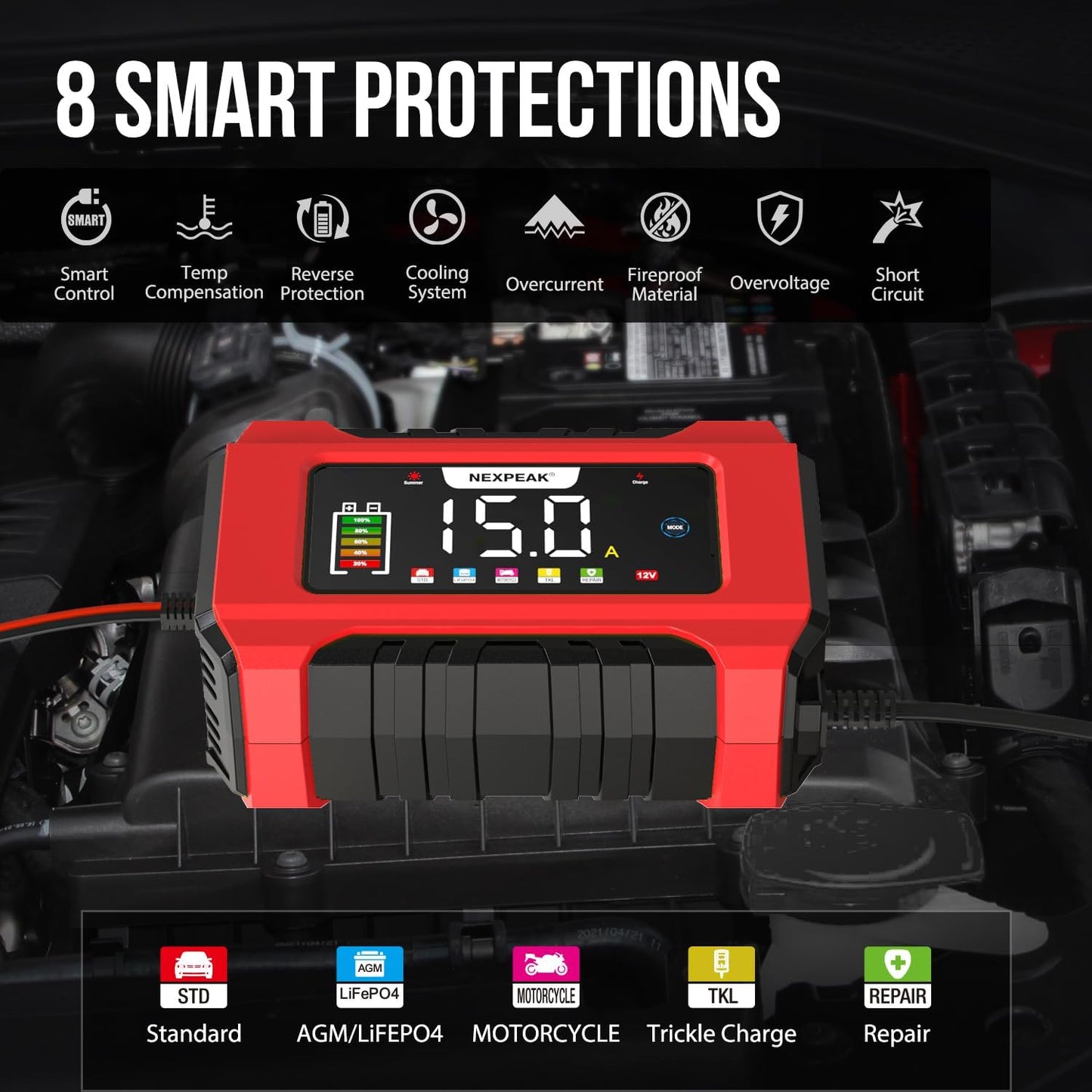 NEXPEAK NC215 15-Amp Battery Charger, Trickle Charger Car Battery Charger 12V 24V LiFePO4 Lead Acid Portable 9-Stage Smart Battery Maintainer w/Temp Compensation for Car Truck Lawn Mower Boat Marine