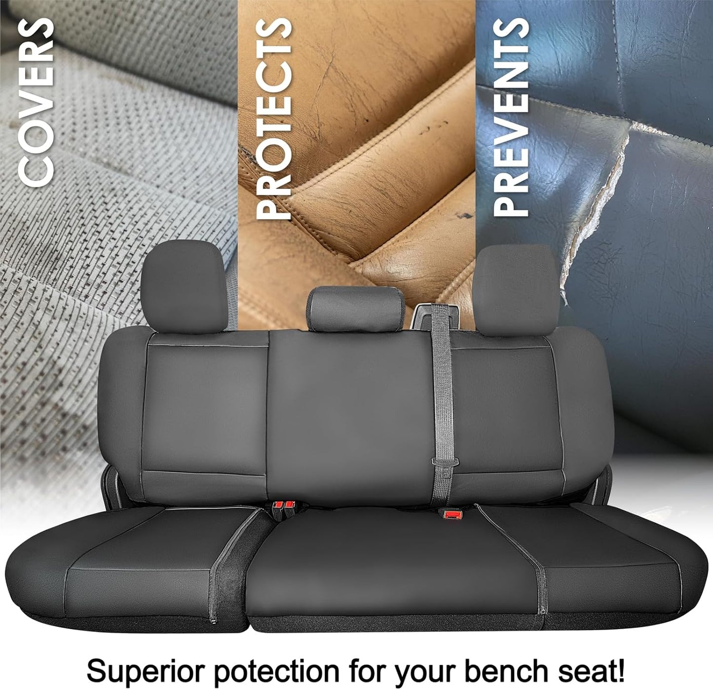 LPI Truck Bench Seat Cover Fits All Full-Size Silverado F-150 Ram Sierra Titan Tundra Pickup Trucks; Folding Bench or Standard Bench Seats; Premium Faux Leather, Black (1370036LT)