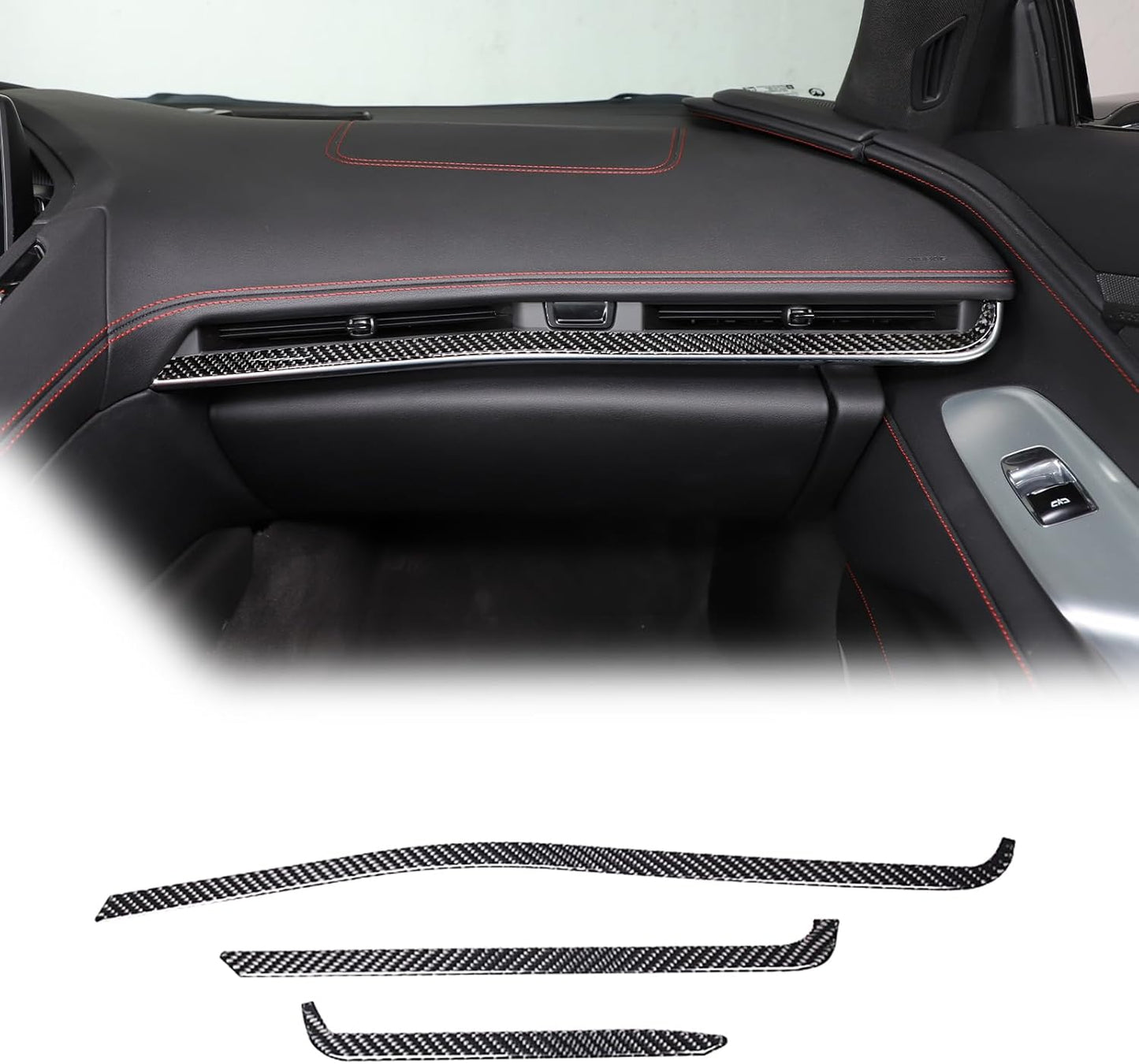 Dashboard Panel Trim Strip Soft Carbon Fiber 3PCS Compatible with Corvette C8 Stingray 2020-2023 Center Console Side Air Outlet Sticker Trim Accessories (Black Carbon)