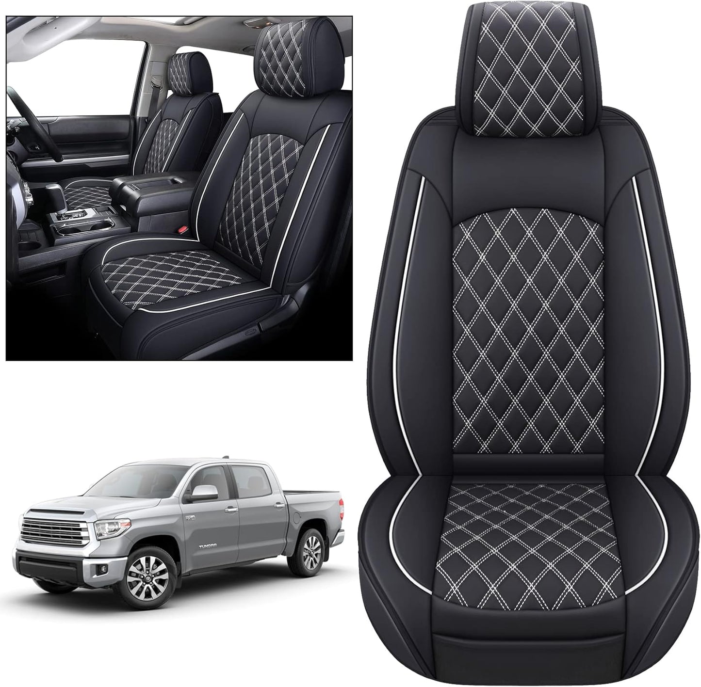 YIERTAI Seat Covers Compatible with 2008-2022 2023 2024 2025 Toyota Tundra Crewmax Double Extended Cab Regular Cab Pickup Waterproof Leather(2 PCS Front/Black-White)