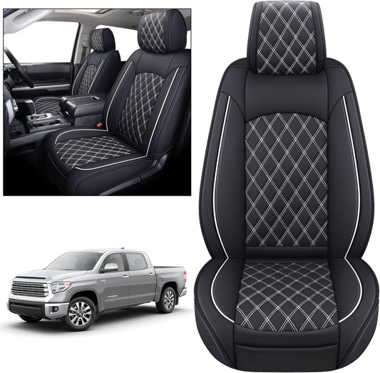 YIERTAI Seat Covers Compatible with 2008-2022 2023 2024 2025 Toyota Tundra Crewmax Double Extended Cab Regular Cab Pickup Waterproof Leather(2 PCS Front/Black-White)
