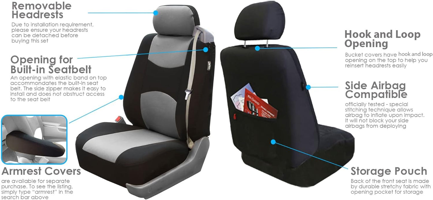 FH-FB351102 All Purpose Flat Cloth Built-in Seat Belt Bucket Covers Gray/Black