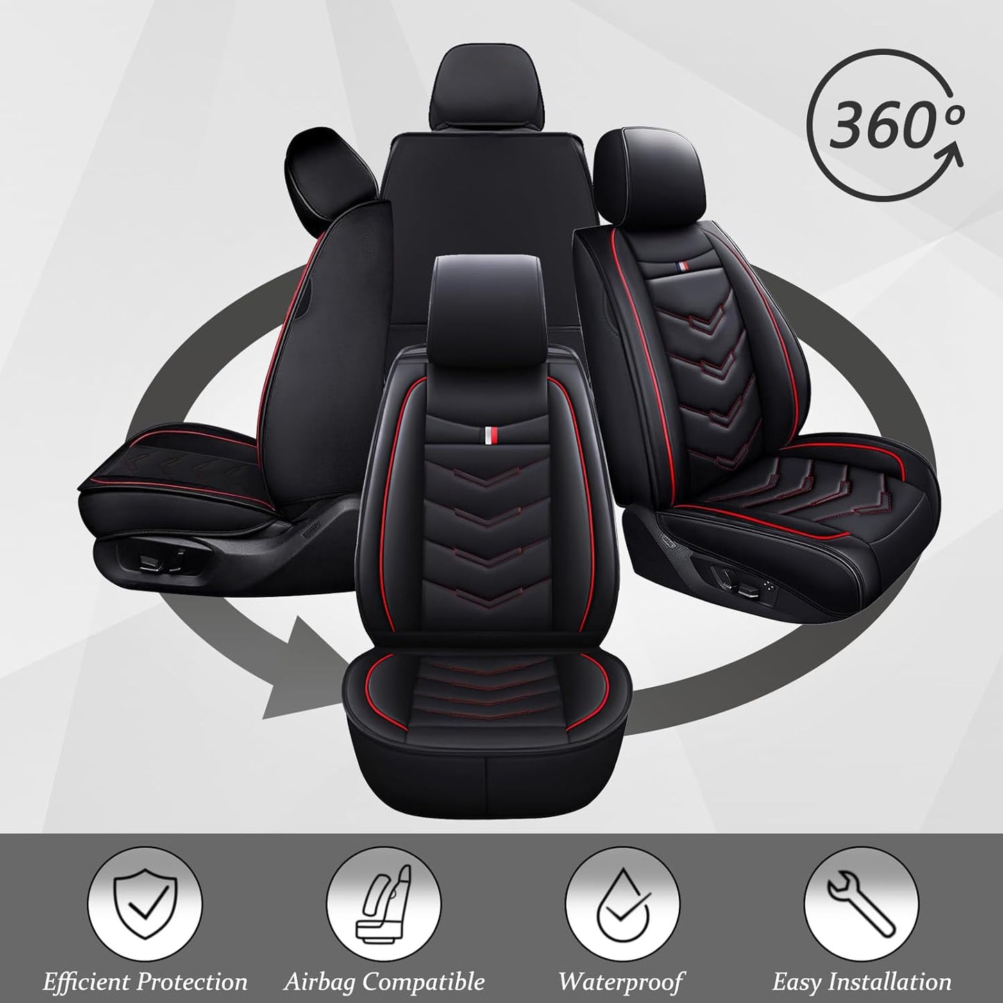 Seat Cover for GMC Canyon 2004-2024, Waterproof Durable Compatible Airbag, Premium Leather Seat Protector(2 Seats Standard,Black Red)
