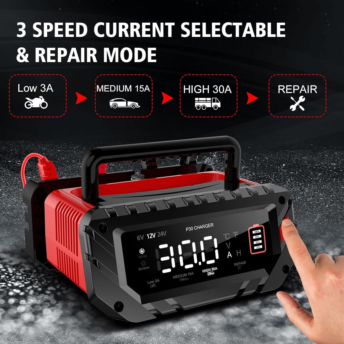 30-Amp Car Battery Charger, 6V/12V/24V Smart Automatic Automotive Battery Maintainer, Trickle Charger for Car, Motorcycle, Boat, Lead-Acid, Lithium, LiFePo4 Batteries