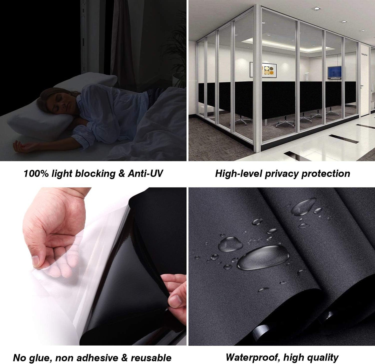 WochiTV Total Blackout Window Film 100% Light Blocking Non Adhesive No Residue Removable Opaque Static Cling Privacy Glass Tint for Home Bedroom Darkening Heat Control (35.4 in x 16.4 Ft)