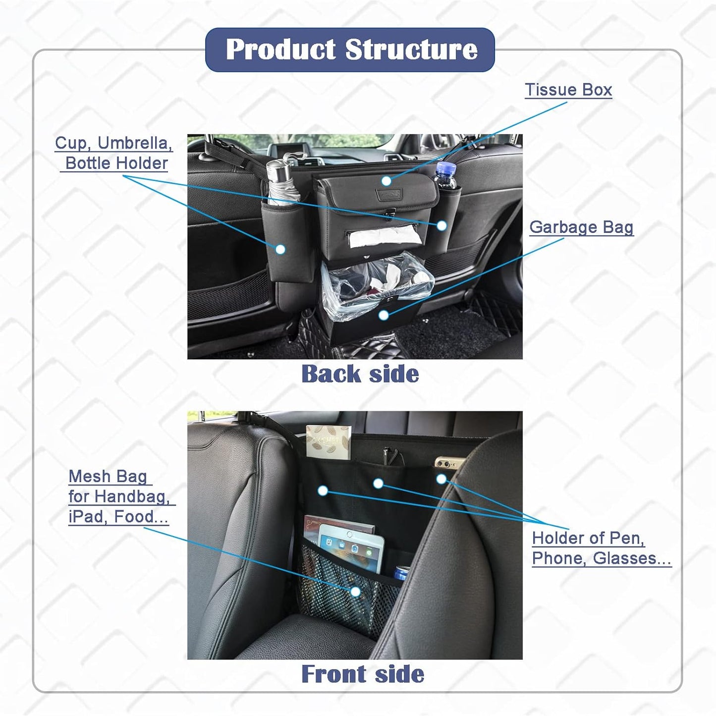 AMEIQ Car Accessories, Trash Bag Garbage Can, Recycle Bin for Rubbish Waster Litter, Organizer Storage Container Between Front Seats, Holder of Handbag Purse Umbrella Tissue, Pet Barrier, Black