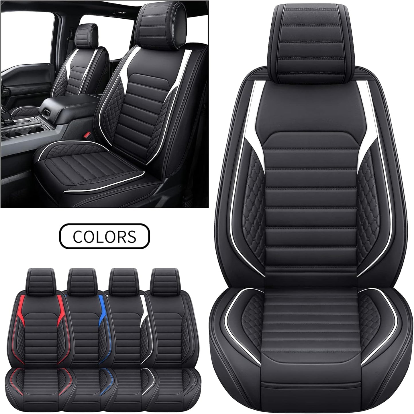 YIERTAI Seat Covers Compatible with Ford F150 for 2009-2023 2024 2025 F-150 2017-2025 F250 F350 F450 King Ranch Supercrew Crew Cab Limited Lariat Truck Leather TSWKM Style(2 PCS Front/Black-White)