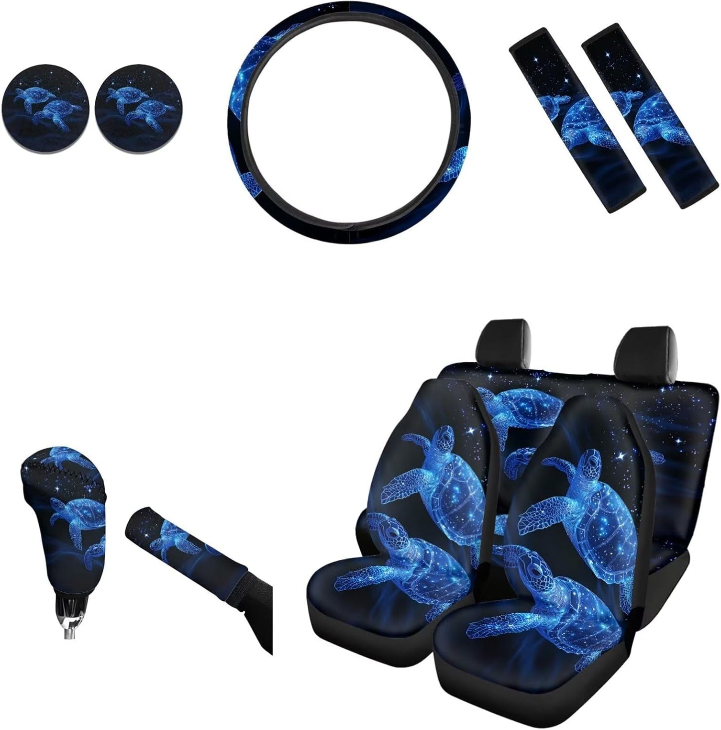 AFPANQZ Nebula Galaxy Car Seat Covers with Steering Wheel Cover, Seat Belt Shoulder Pads, Cup Holder Coasters, Gear Shift Knob and Handbrake Protector Cushion Full Set of 11 for Men Women Gift Navy