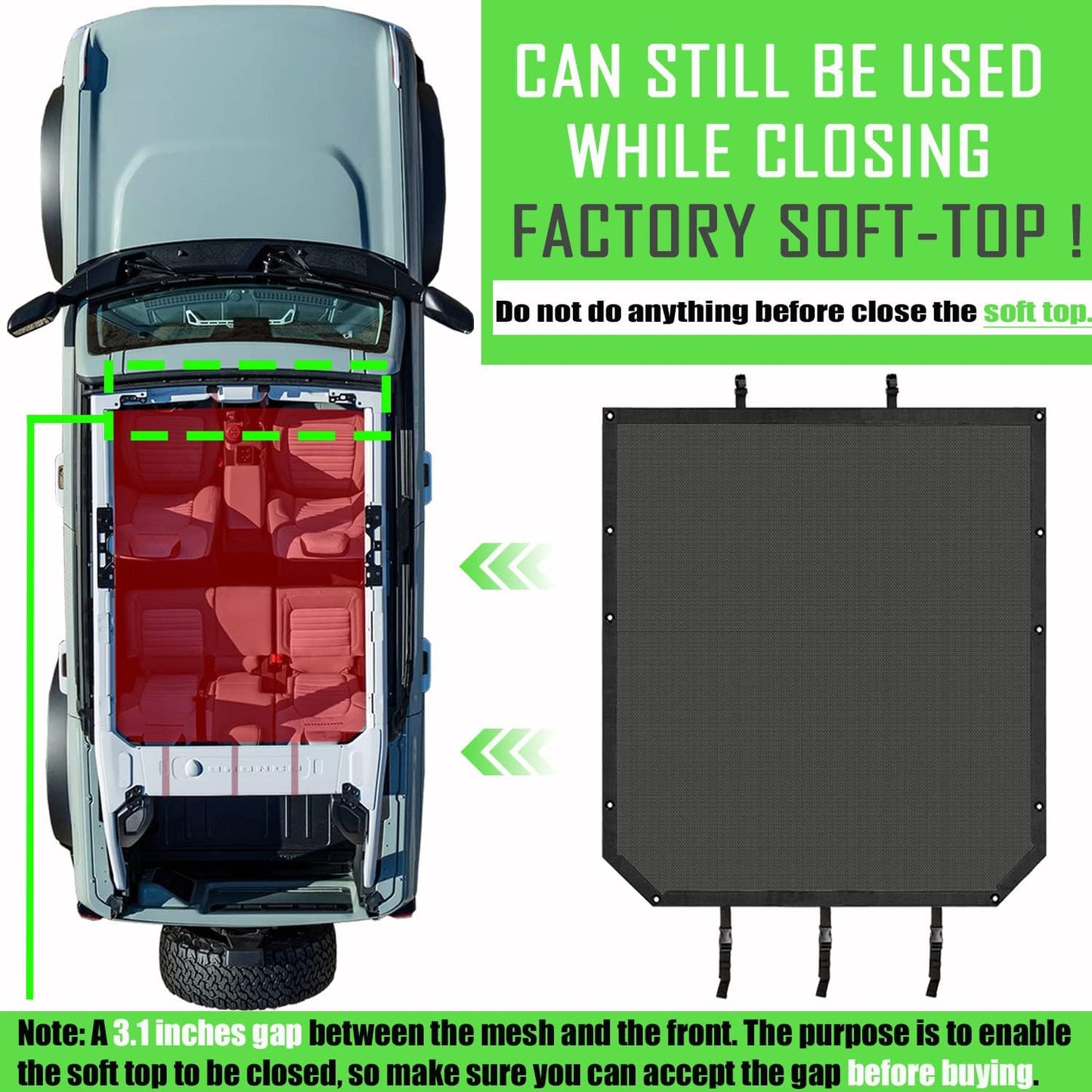Mesh Bimini Top for Ford Bronco 4DR 2021 2022 2023 - ANMOSVO Mesh Bikini Top Roof Sunshade Top Sun Shade for Ford Bronco Accessories 6th Gen. 2021 2022 2023