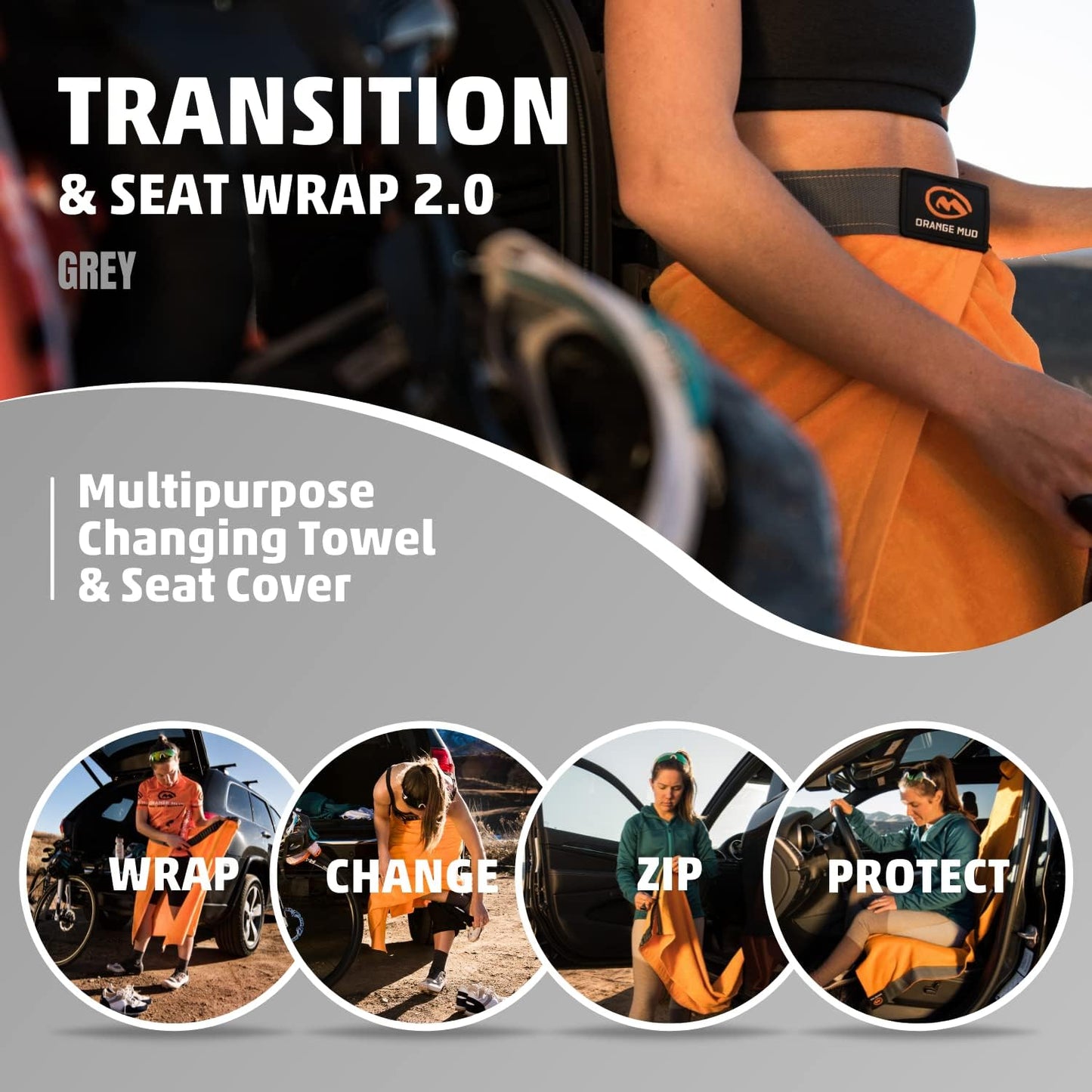 Orange Mud Transition & Seat Wrap V2.0: Microfiber Gym Towel, Seat Wrap & Cover for Athletes, Changing Towel, Gray