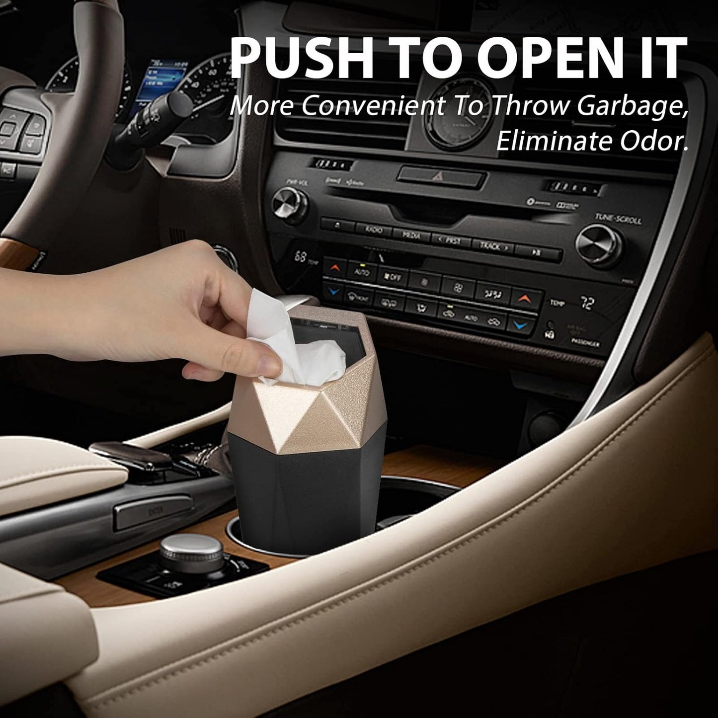 Xapwell Car Trash Can 1 Packs Mini Car Garbage Can with lid Press to Open,Diamond Design Aesthetic Leak-Proof Portable Car Accessories Cup Holder Trash Bin for Auto,Home,Office, Desktop(Gold)