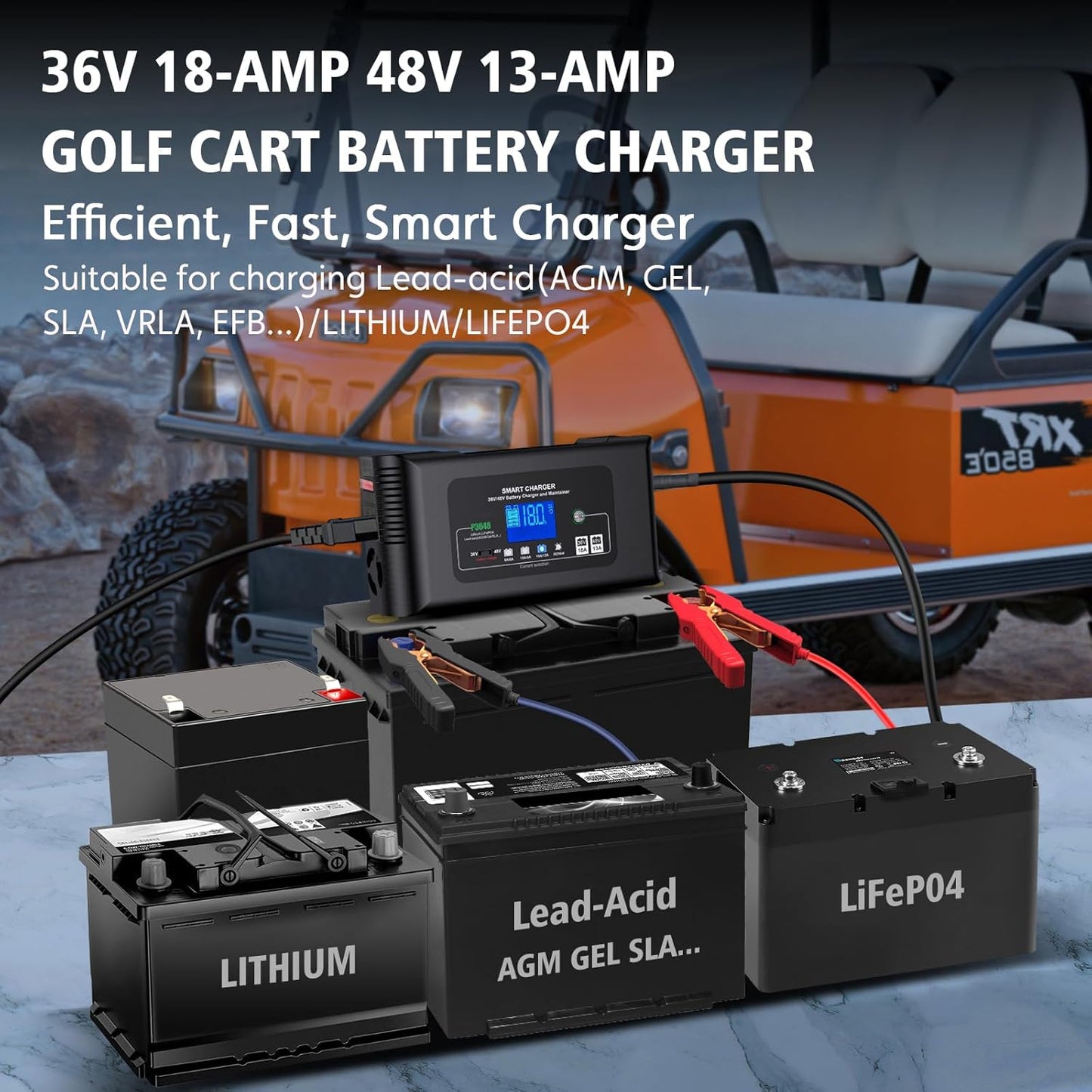Golf Cart Battery Charger, 48V 13A and 36V 18A Trickle Battery Charger,48 Volt Golf Charger,for EZGO RXV&TXT Smart Charger,Lithium,LiFePO4,Lead-Acid AGM/Gel/SLA..Battery Charger,3-Pin (Delta-Q)