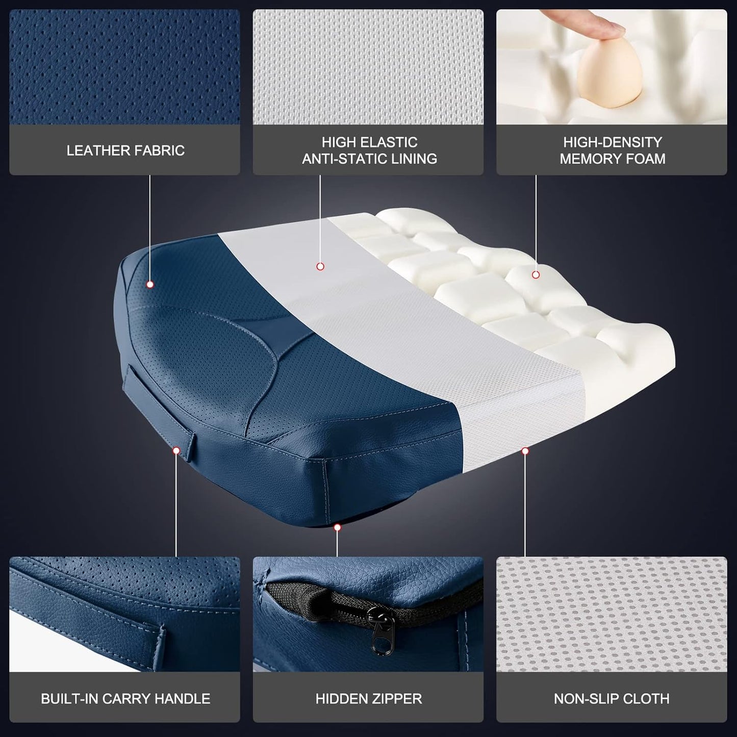 QYILAY Leather Car Memory Foam Heightening Seat Cushion for Short People Driving,Hip(Coccyx/Tailbone) and Lower Back Pain Relief Butt Pillows,for Truck,SUV,Office Chair,Wheelchair,etc. (Blue