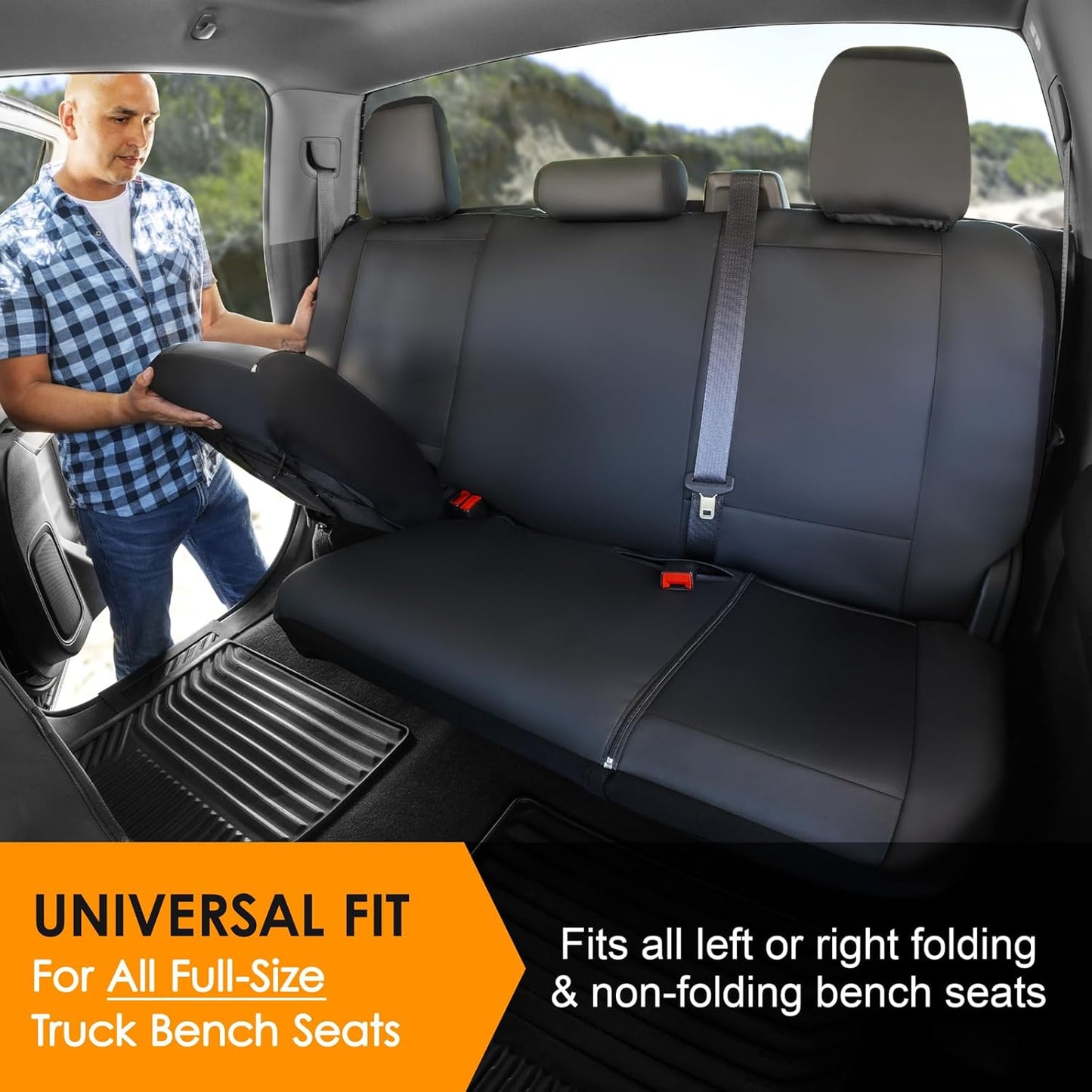 LPI Truck Bench Seat Cover Fits All Full-Size Silverado F-150 Ram Sierra Titan Tundra Pickup Trucks; Folding Bench or Standard Bench Seats; Premium Faux Leather, Black (1370036LT)