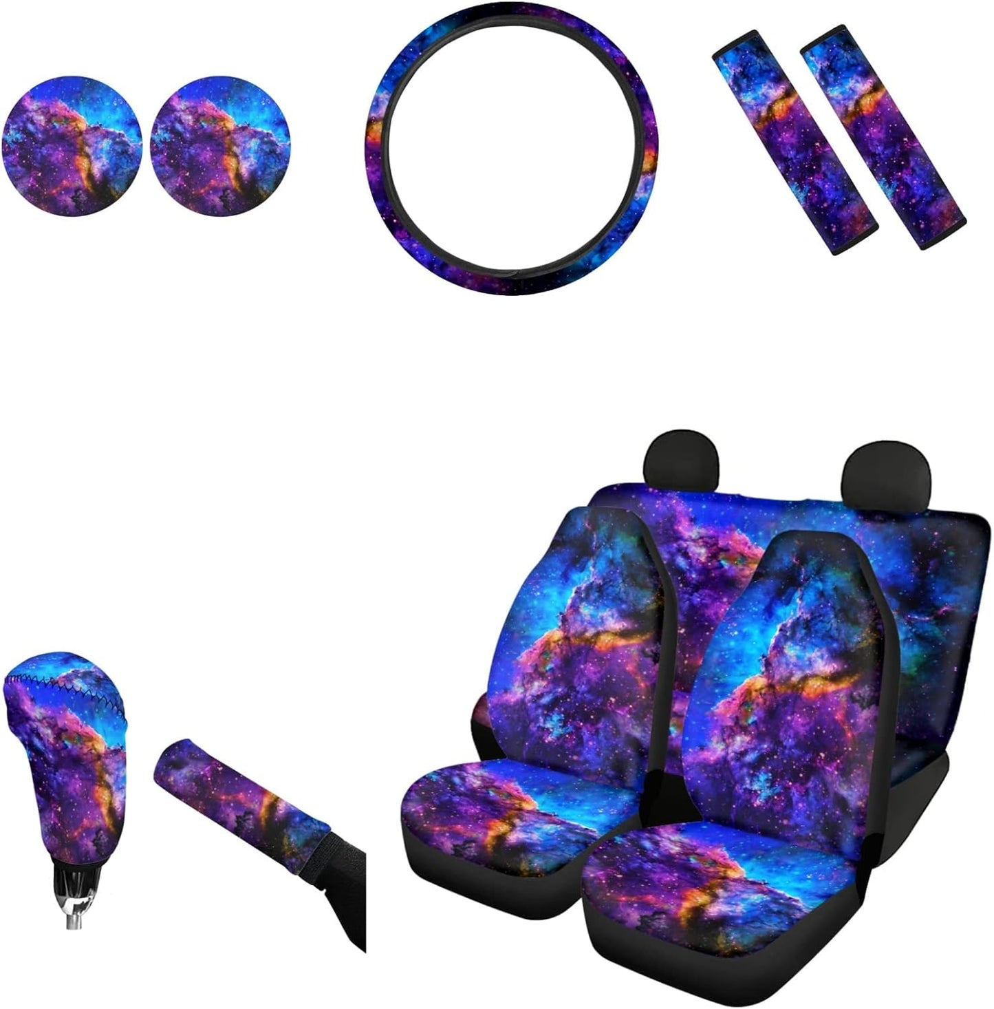 AFPANQZ Nebula Galaxy Car Seat Covers with Steering Wheel Cover, Seat Belt Shoulder Pads, Cup Holder Coasters, Gear Shift Knob and Handbrake Protector Cushion Full Set of 11 for Men Women Gift Navy