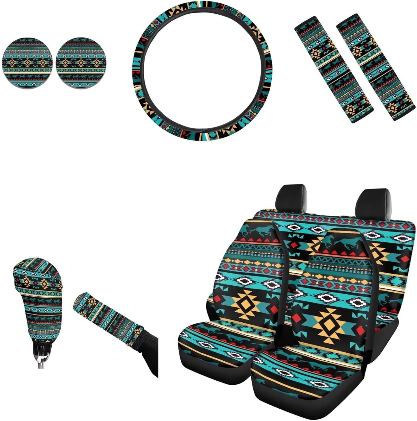 AFPANQZ Nebula Galaxy Car Seat Covers with Steering Wheel Cover, Seat Belt Shoulder Pads, Cup Holder Coasters, Gear Shift Knob and Handbrake Protector Cushion Full Set of 11 for Men Women Gift Navy