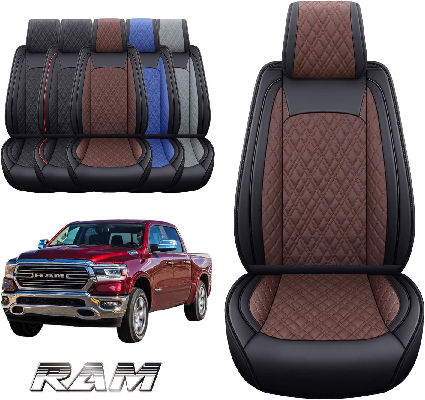 YIERTAI Car Seat Covers Compatible with Dodge Ram Custom Fit 2009-2025 1500 2500 3500 Pickup Mega Cab Limited Longhorn Laramie Bighorn Waterproof Leather Seat Protectors, 2 PCS Front Black