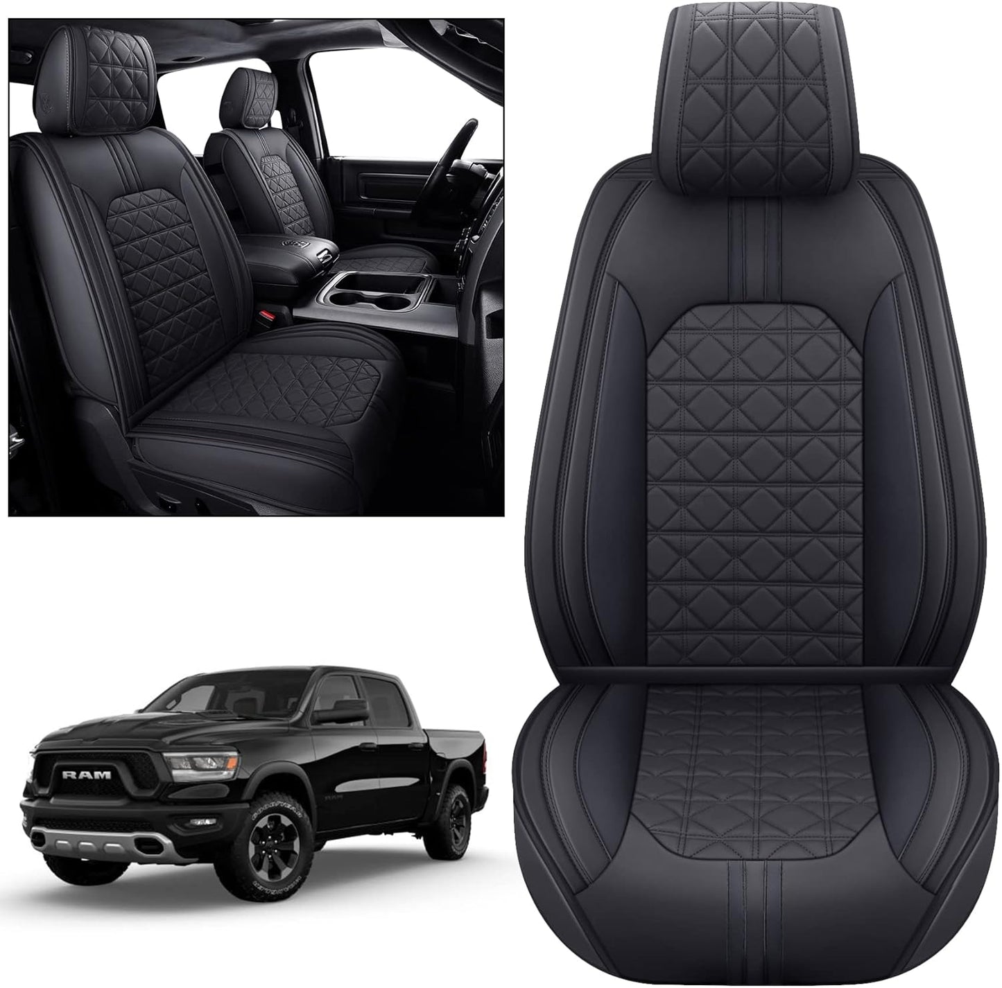 YIERTAI for Dodge RAM Seat Covers Fit 2009-2023 2024 2025 1500 2500 3500HD Crew Double Cab Quad Cab Big Long Horn Rebel Tradesman Laramie Truck Waterproof Leather TSWKM Style(2 PCS Front/Black-White)