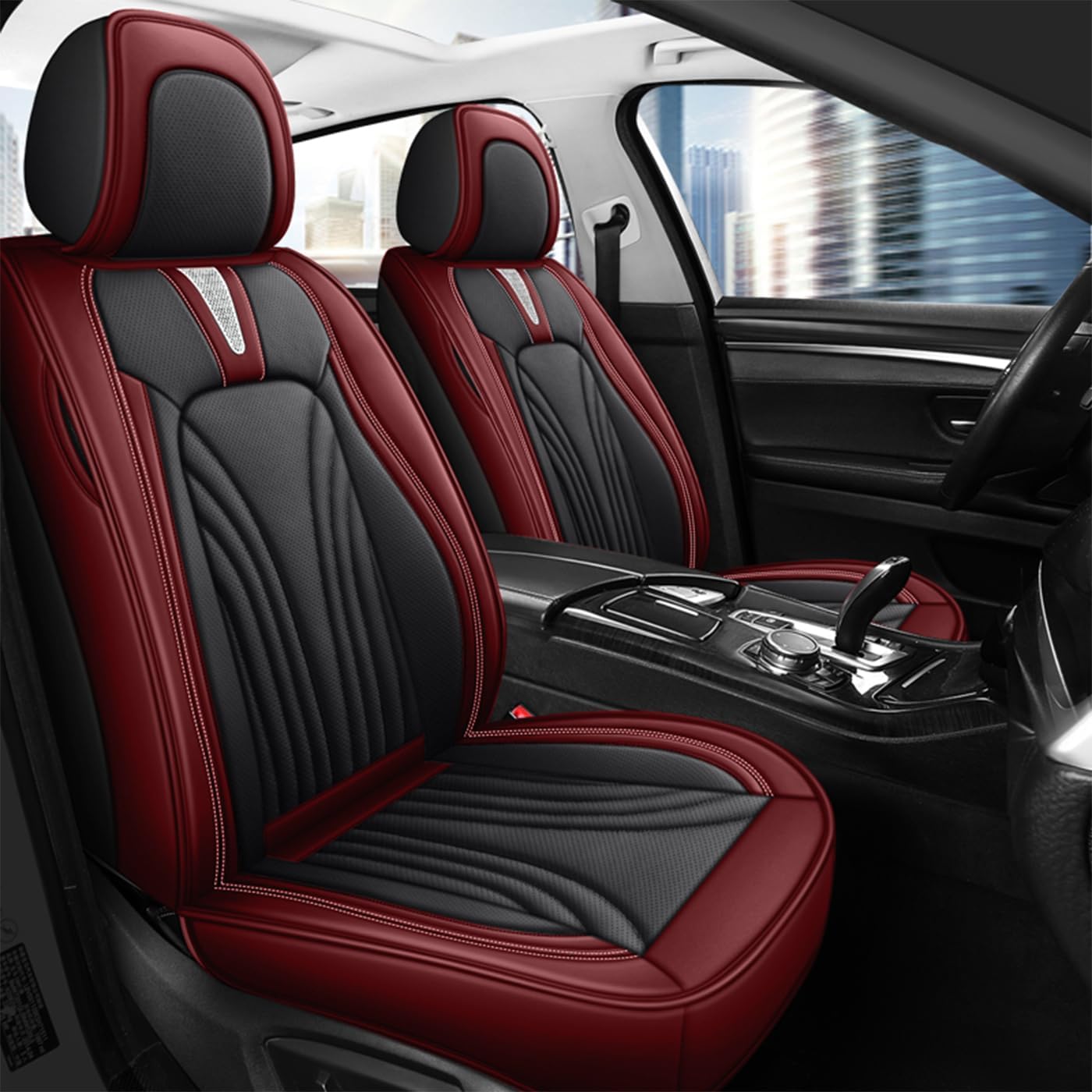 QUYDDC Car Seat Covers Full Set 3D Foam Back Support, 2 Front Seats Universal Fit for Most Trucks,Sedan and SUVs, Waterproof PU Leather Super Breathable, Storage Bags, All Season, Red +White