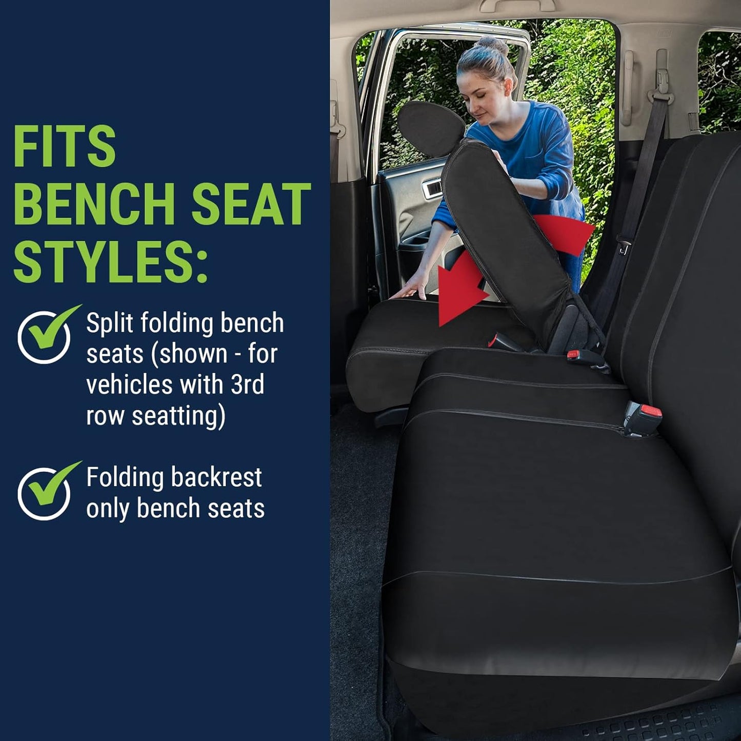 Season Guard SUV 3rd Row Rear Bench Seat Cover for All Split Back Seats; for Folding Bench with 60 40 or 40 60 or Fixed Third Row Backseat; Easy to Clean; Universal; Black Faux Leather