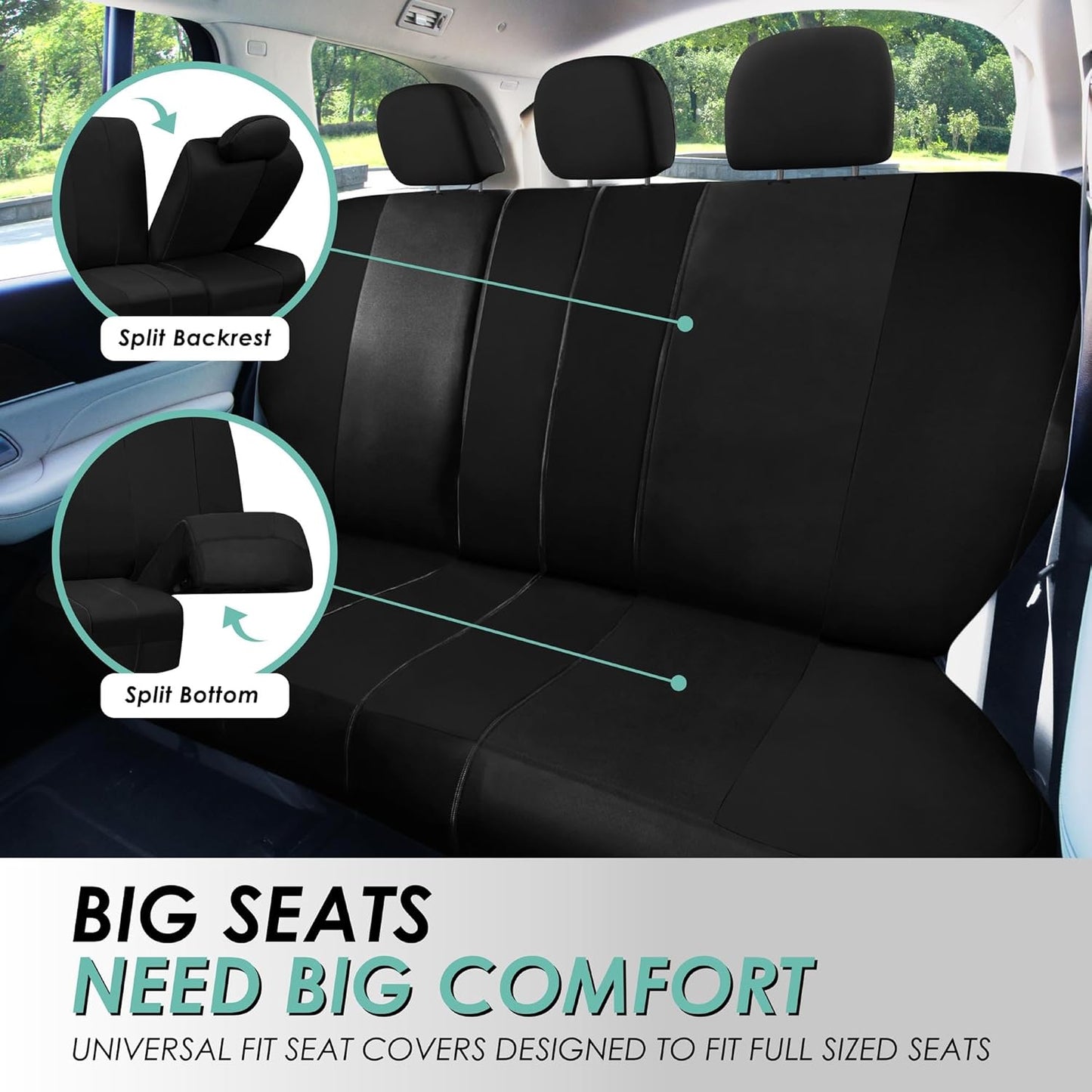 FH Group FB030BLACK115 Full Set Seat Cover (Side Airbag Compatible with Split Bench Black)