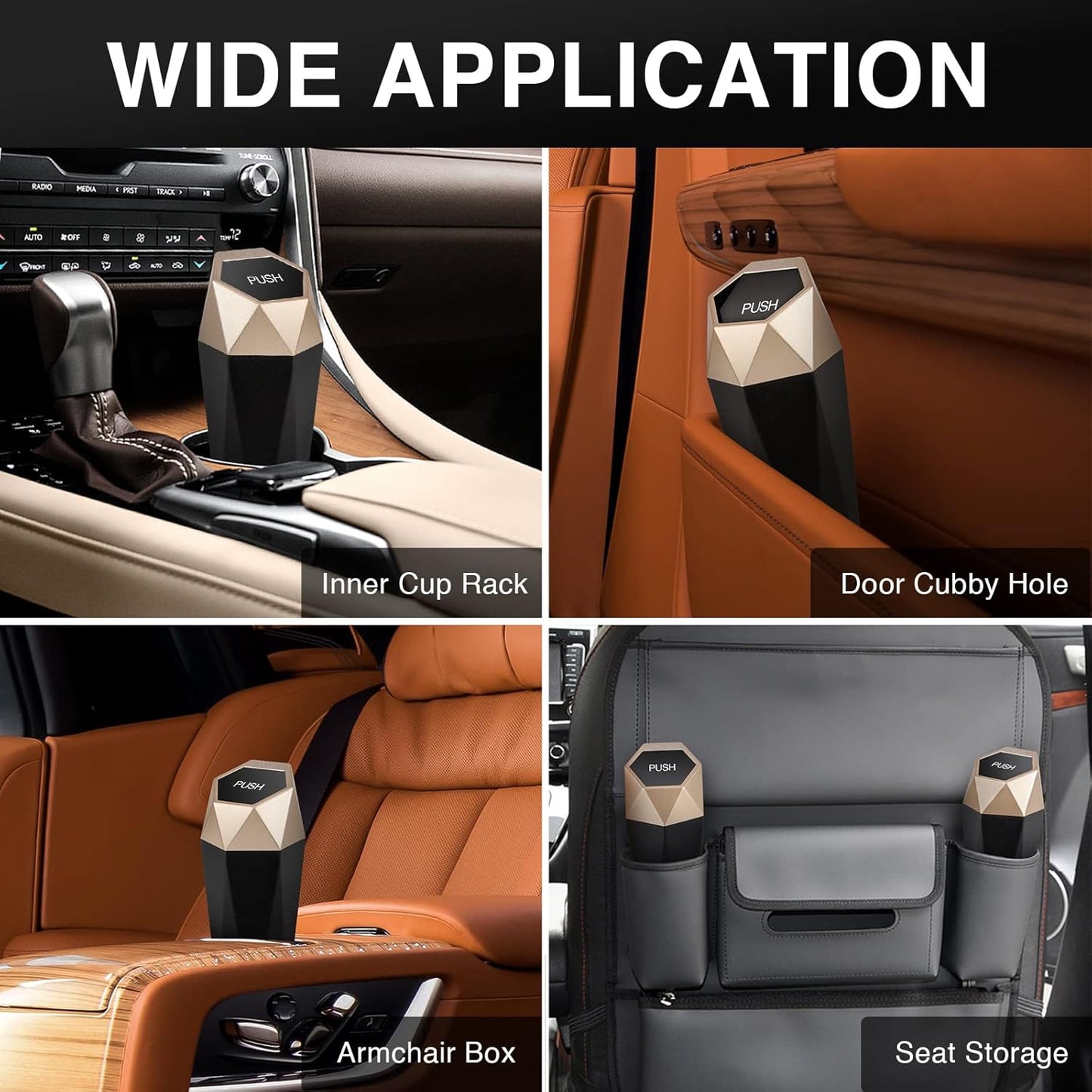 Xapwell Car Trash Can 1 Packs Mini Car Garbage Can with lid Press to Open,Diamond Design Aesthetic Leak-Proof Portable Car Accessories Cup Holder Trash Bin for Auto,Home,Office, Desktop(Gold)