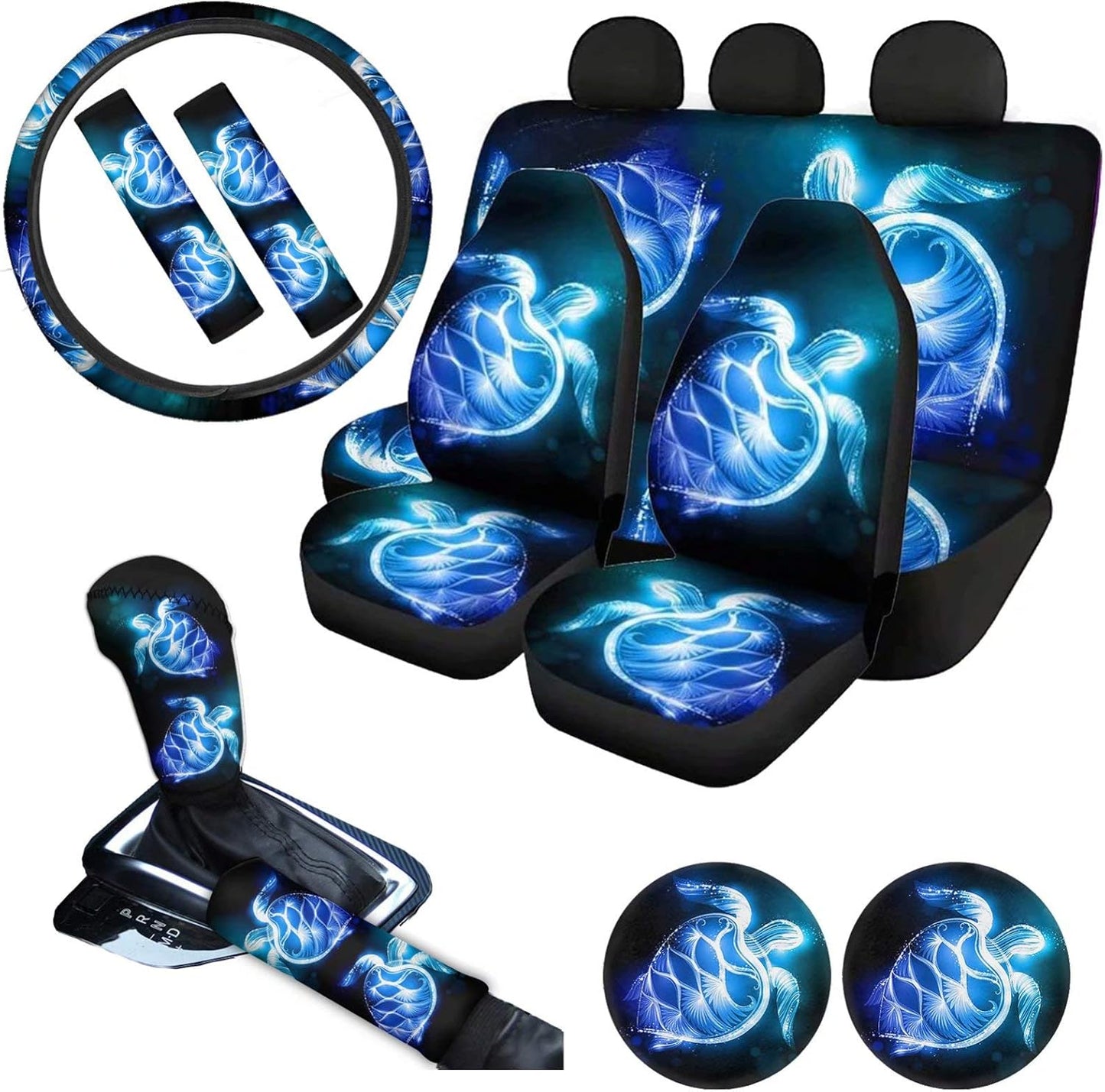 AFPANQZ Nebula Galaxy Car Seat Covers with Steering Wheel Cover, Seat Belt Shoulder Pads, Cup Holder Coasters, Gear Shift Knob and Handbrake Protector Cushion Full Set of 11 for Men Women Gift Navy