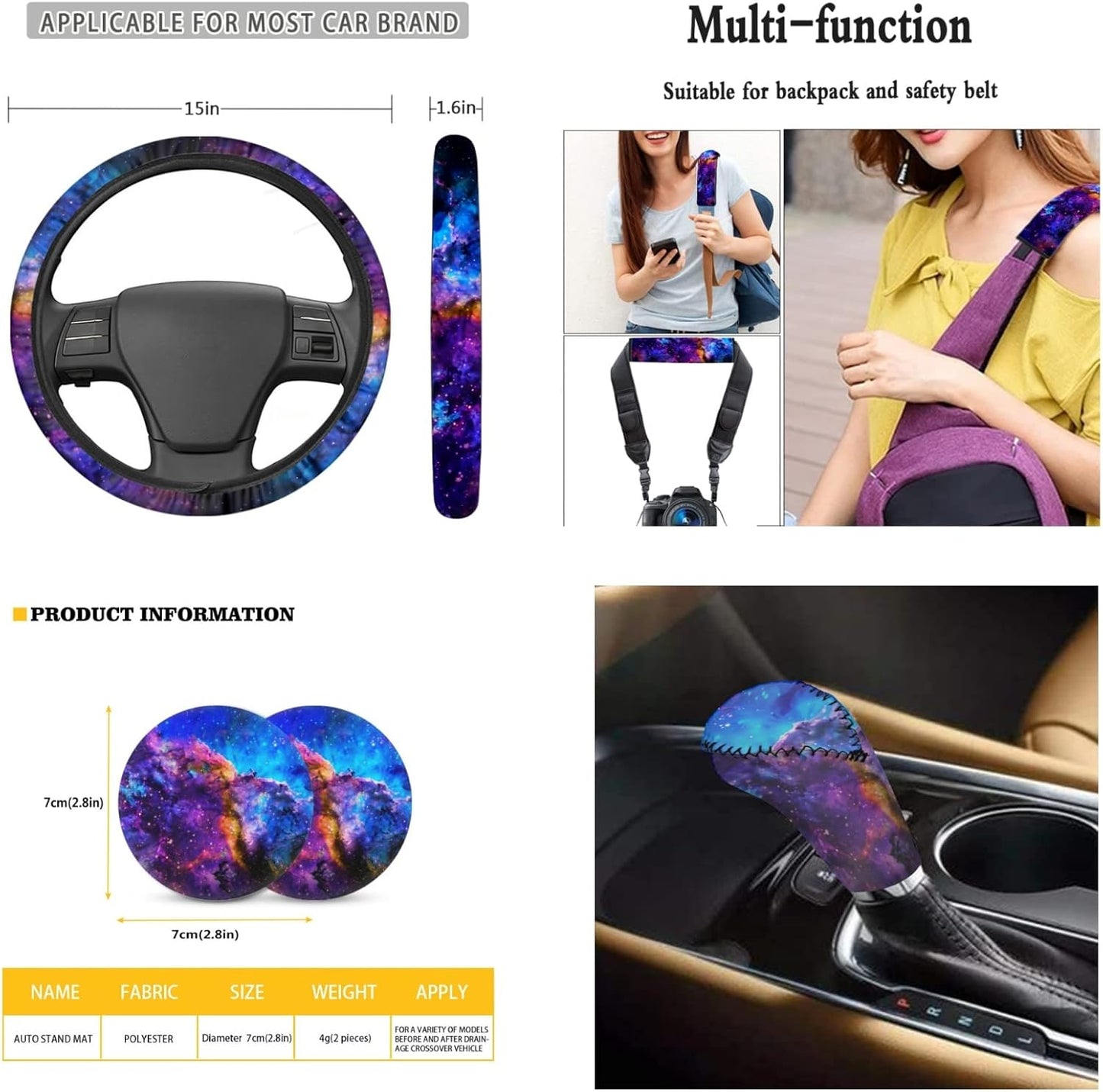 AFPANQZ Nebula Galaxy Car Seat Covers with Steering Wheel Cover, Seat Belt Shoulder Pads, Cup Holder Coasters, Gear Shift Knob and Handbrake Protector Cushion Full Set of 11 for Men Women Gift Navy