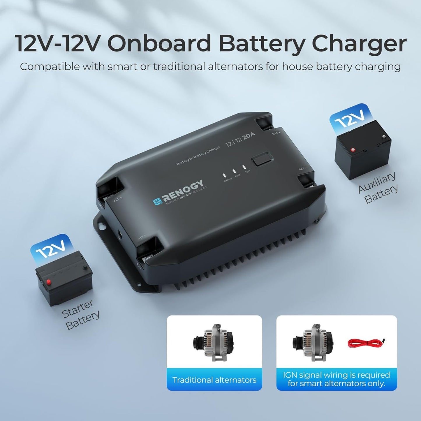 RENOGY 12V 20A DC to DC Battery Charger, for AGM, Gel, Flooded and Lithium Battery