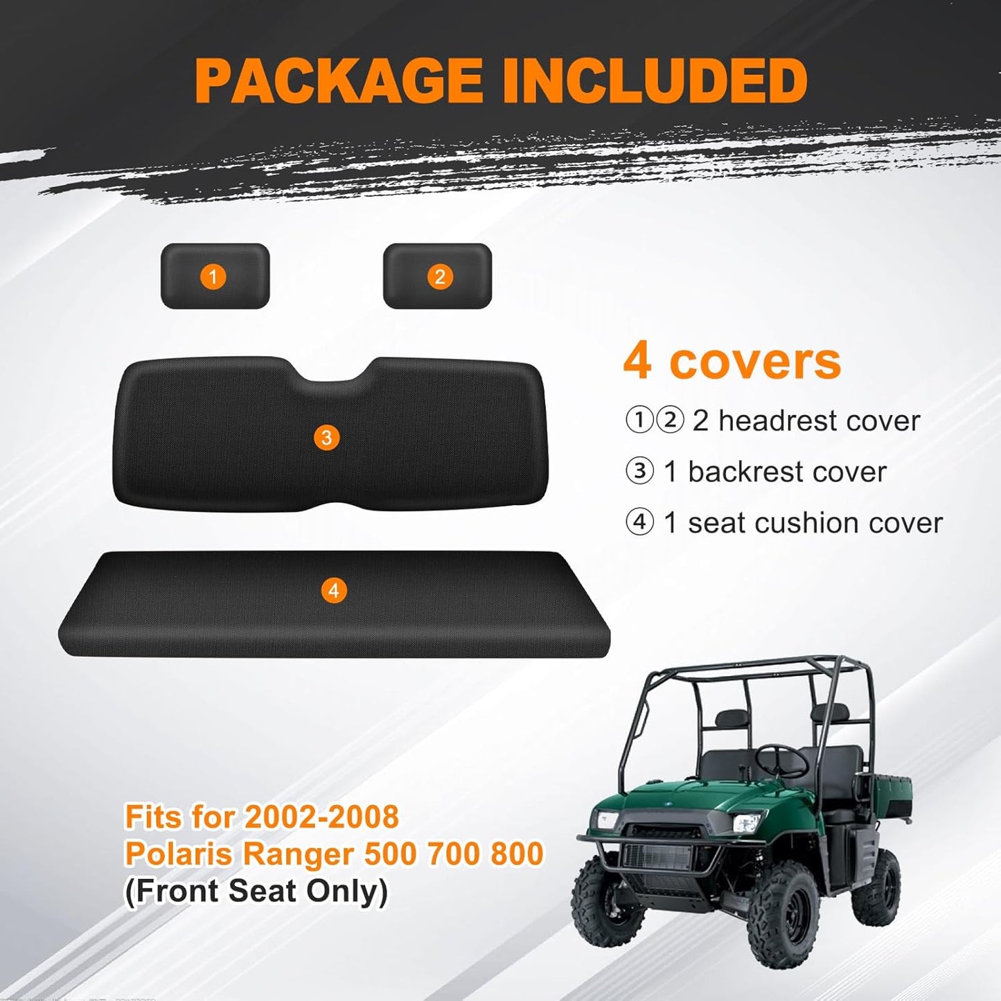 BORDAN UTV Seat Cover for 2002-2008 Polaris Ranger 500 700 800(Front Seat Only), Heavy Duty 1680D Waterproof Full Protection Outdoor Bench Seat Cover Set(4 PCS)