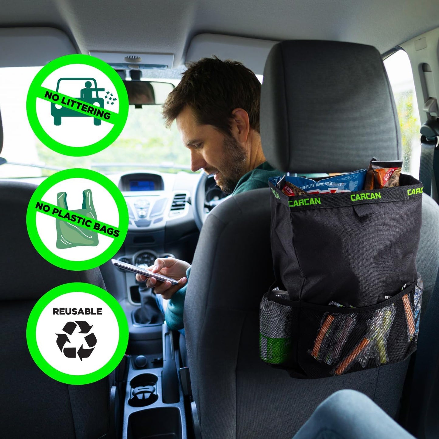 CarCan The Original 3 in 1 Hanging Car Trash Can for Back Seat, Cooler & Storage Bag – Metal Framed, Washable & Reusable Car Trash Bin with 3 Pockets (Pack of 5)
