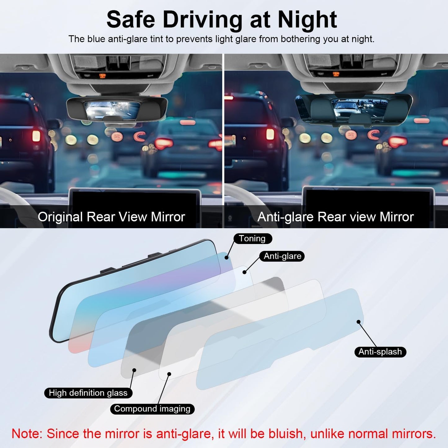 LivTee Anti Glare Rear View Mirror 12.4''(312mm), Wide Angle Panoramic Convex Curve Rearview Mirror Clip on Original Mirror to Eliminate Blind Spot and Antiglare for Cars SUV Trucks