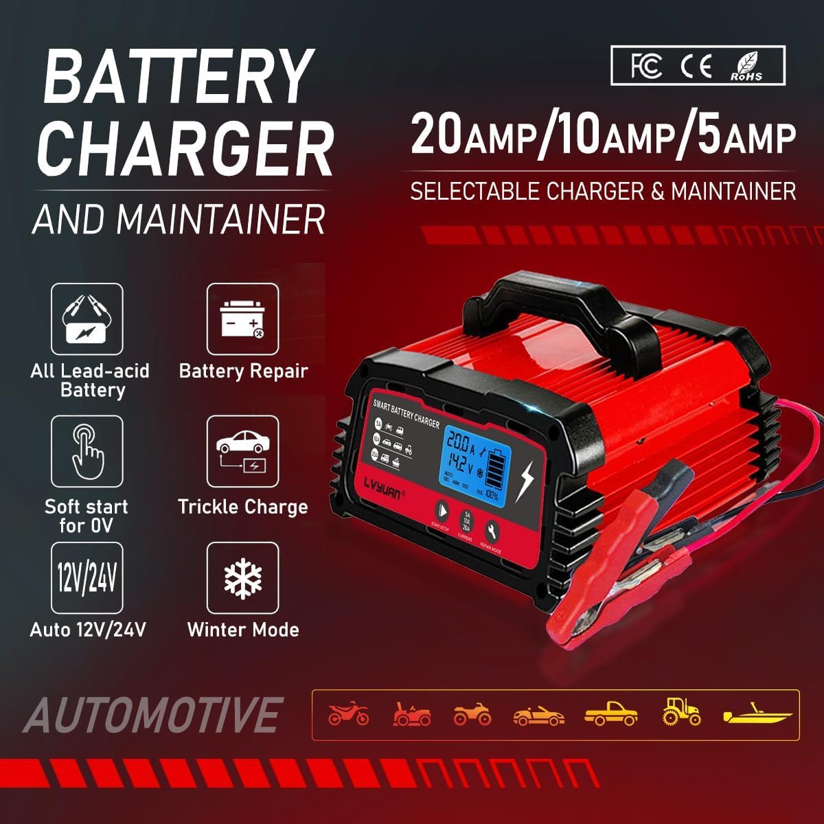 LVYUAN 20A Smart Car Battery Charger, 12V (5/10/20A) and 24V(5/10A) Automotive, Battery Maintainer with LCD Display, Trickle Charger, for Motorcycle, AGM, Lawn Mower and Lead-Acid Batteries