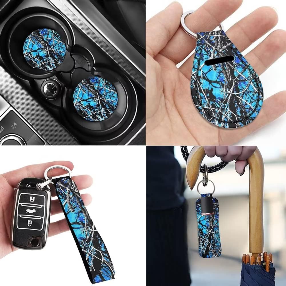 Wideasale Blue Camo Oak Hunting 12Pc Car Seat Covers Full Set/Steering Wheel Covers/Seat Belt Pads/Key Chain/Coaster/Lipstick Holder Universal Auto Accessories Interior Protector Universal Fit