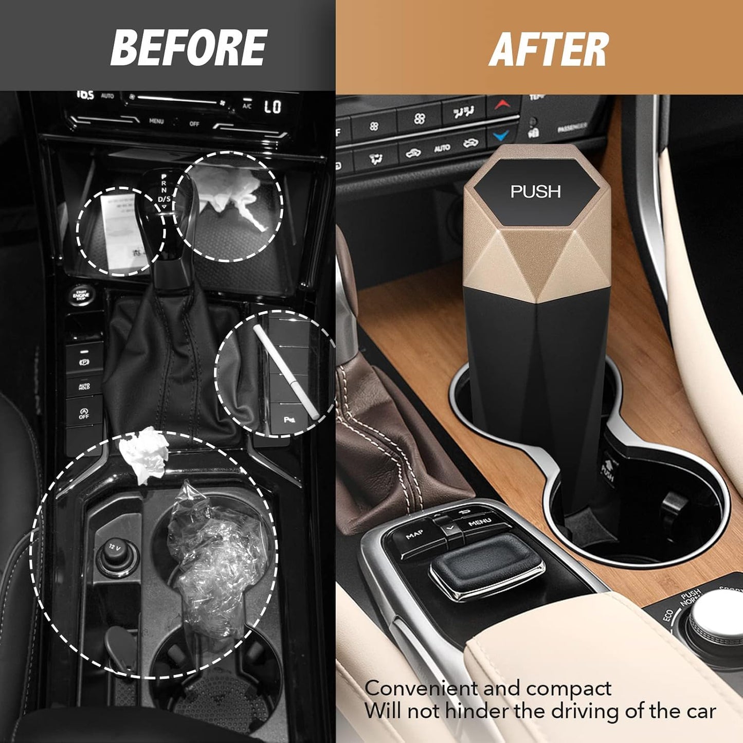 Xapwell Car Trash Can 1 Packs Mini Car Garbage Can with lid Press to Open,Diamond Design Aesthetic Leak-Proof Portable Car Accessories Cup Holder Trash Bin for Auto,Home,Office, Desktop(Gold)