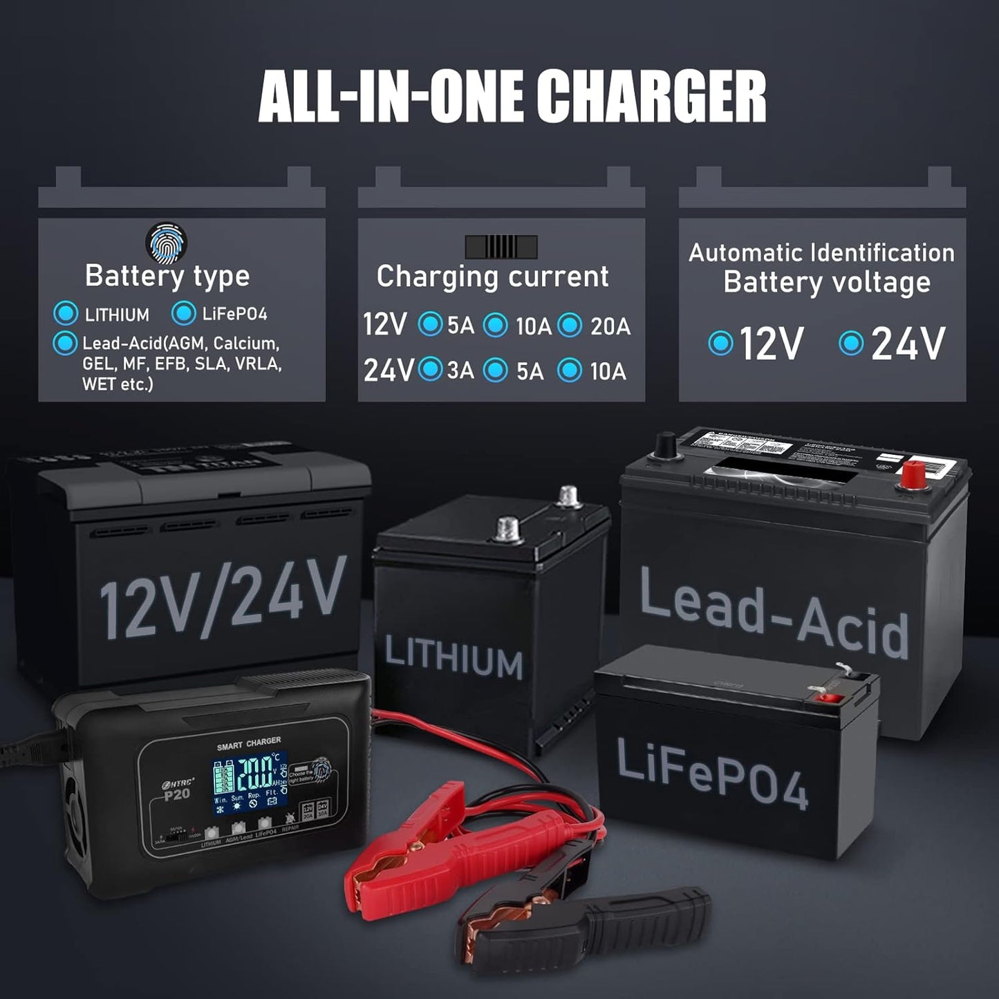 20-Amp Smart Battery Charger,12V/20A and 24V/10A.Lithium,Lifepo4,Lead-Acid(AGM/Gel/SLA..) Car Battery Charger,Trickle Charger, Maintainer/Pulse Repair Charger,for Car,Boat,Motorcycle, Lawn Mower