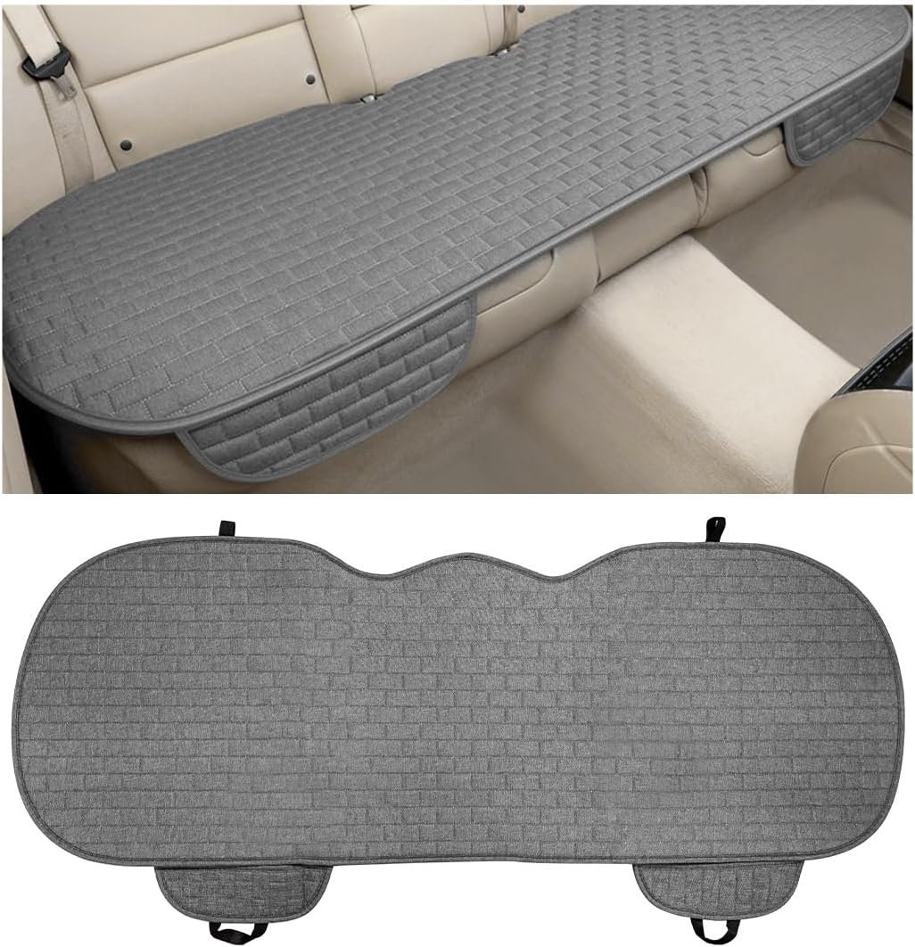 KVAEY Linen Back Car Seat Cover, Anti-Slip Long Bottom Rear Seat Cover Protector with Storage Pockets, Breathable Linen Rear Bench Seat Protector Cushion Pad for Most Vehicles (Beige)