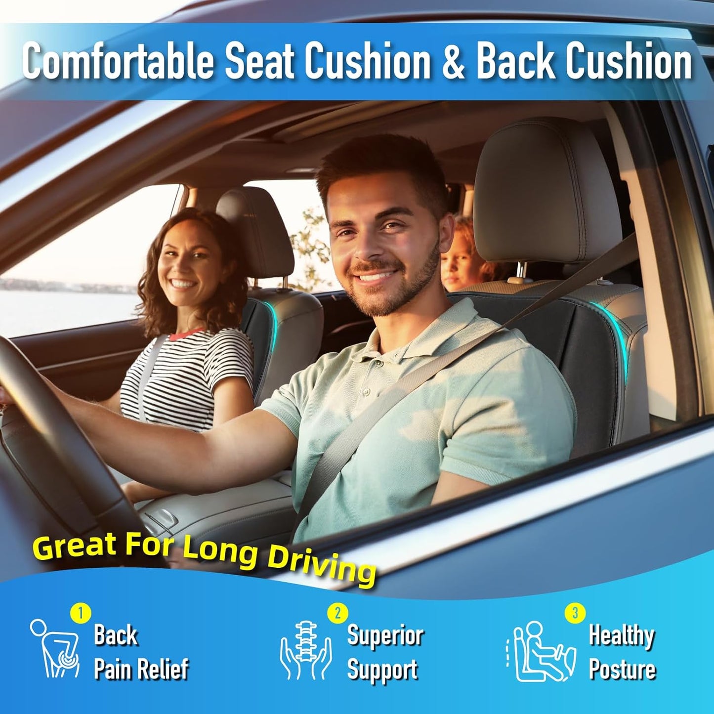 Car Seat Cushion with Lumbar Support Pillow: Front Back Cushion & Seat Cushion Full Set, Comfy Memory Foam Driving Cushion for Back-Sciatica Pain Relief, Seat Pad Suitable for Car, Truck, SUV - Black