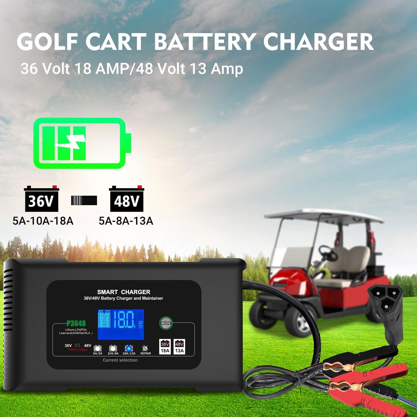 Golf Cart Battery Charger, 48V 13A and 36V 18A Trickle Battery Charger,48 Volt Golf Charger,for EZGO RXV&TXT Smart Charger,Lithium,LiFePO4,Lead-Acid AGM/Gel/SLA..Battery Charger,3-Pin (Delta-Q)