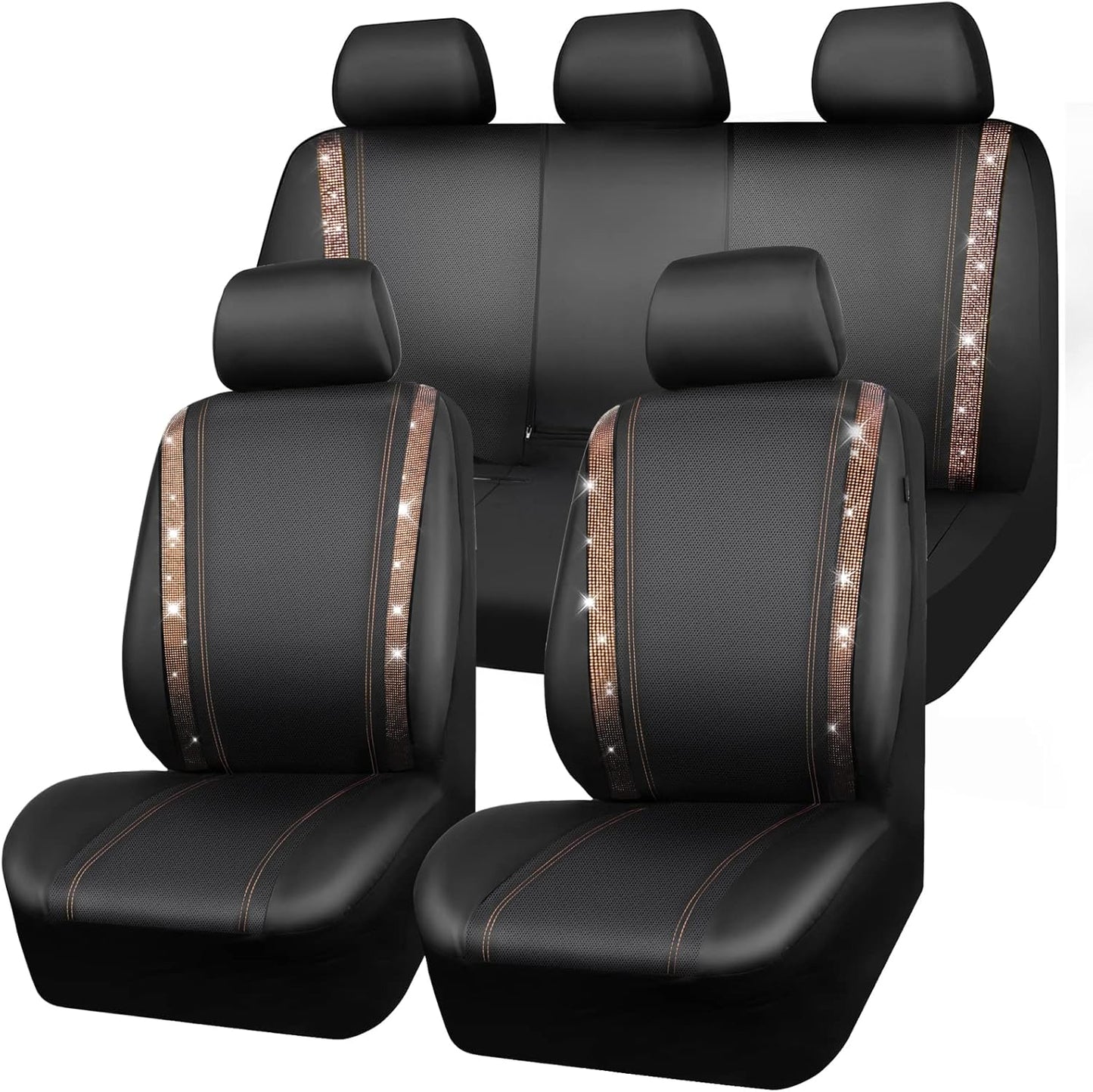 CAR PASS Leather Diamond Bling Car Seat Covers 2 Front Interior Sets, Waterproof Universal Shining Glitter Crystal Sparkle Fit for 95% Automotive Truck SUV Cute Women Girl, Beige Rhinestone
