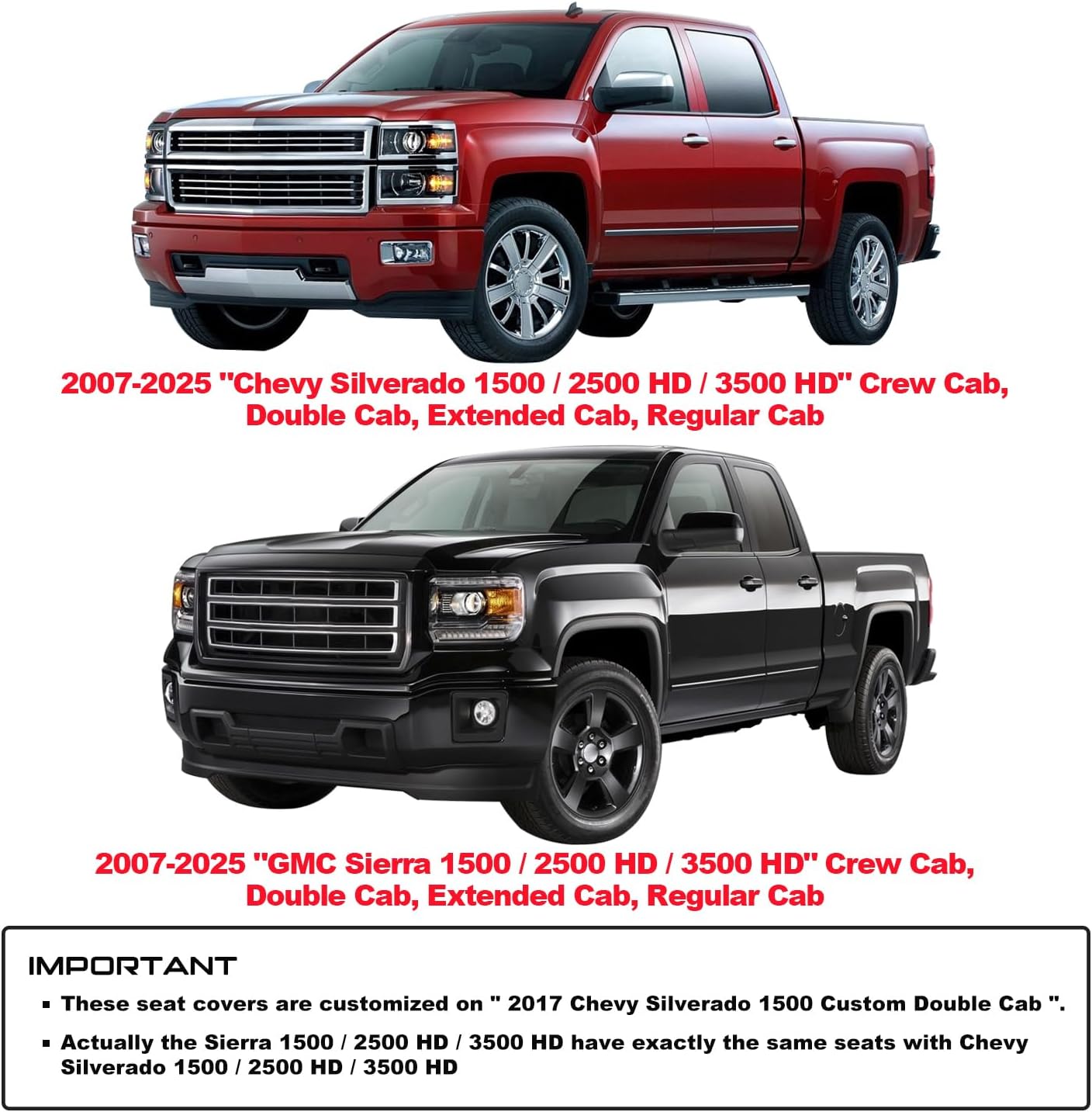 Aierxuan Chevy Silverado GMC Sierra Seat Covers Custom Fit 2007-2025 1500 2500HD 3500HD Crew Double Extended Cab Waterproof Leather Pickup Cushions(2 PCS Front, Black-White)