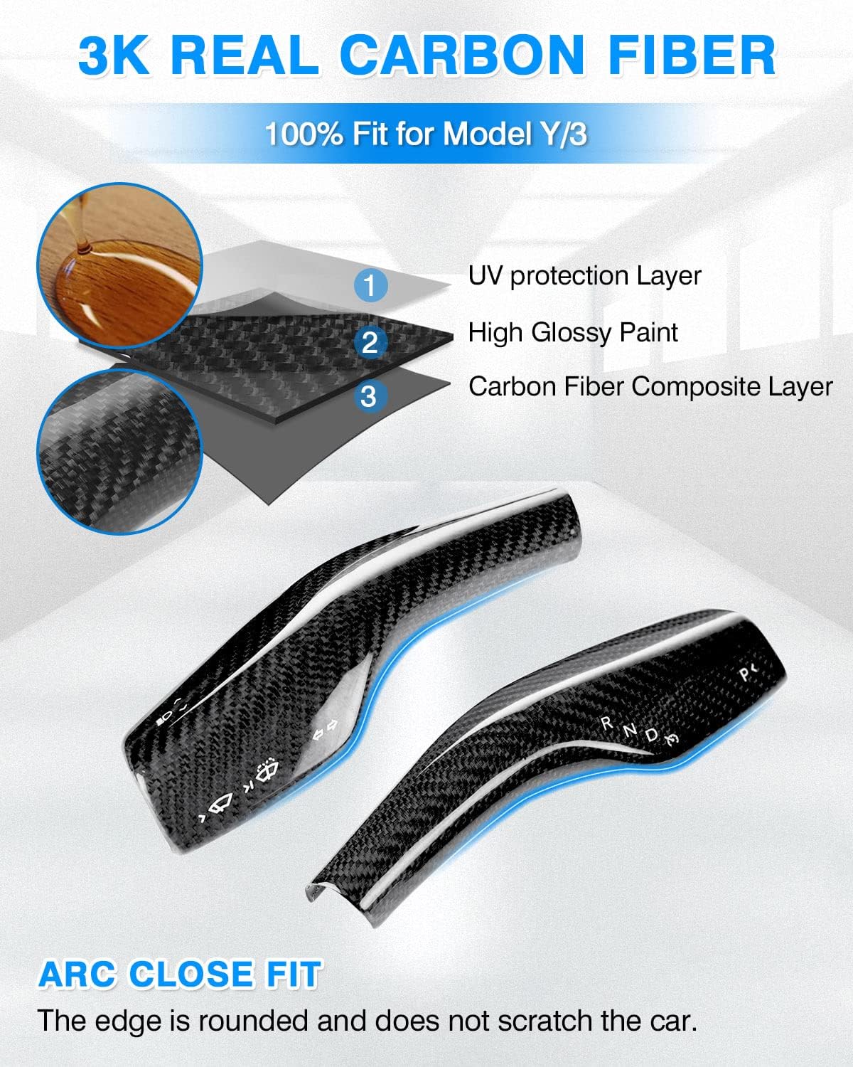 Shademax 2PCS Real Carbon Fiber Steering Lever Gear Shift Cover for Tesla Model Y 2020-2024 2025/2017-2024 Tesla Model 3 Accessories Column Steering Lever Cover Steering Wheel Decorative