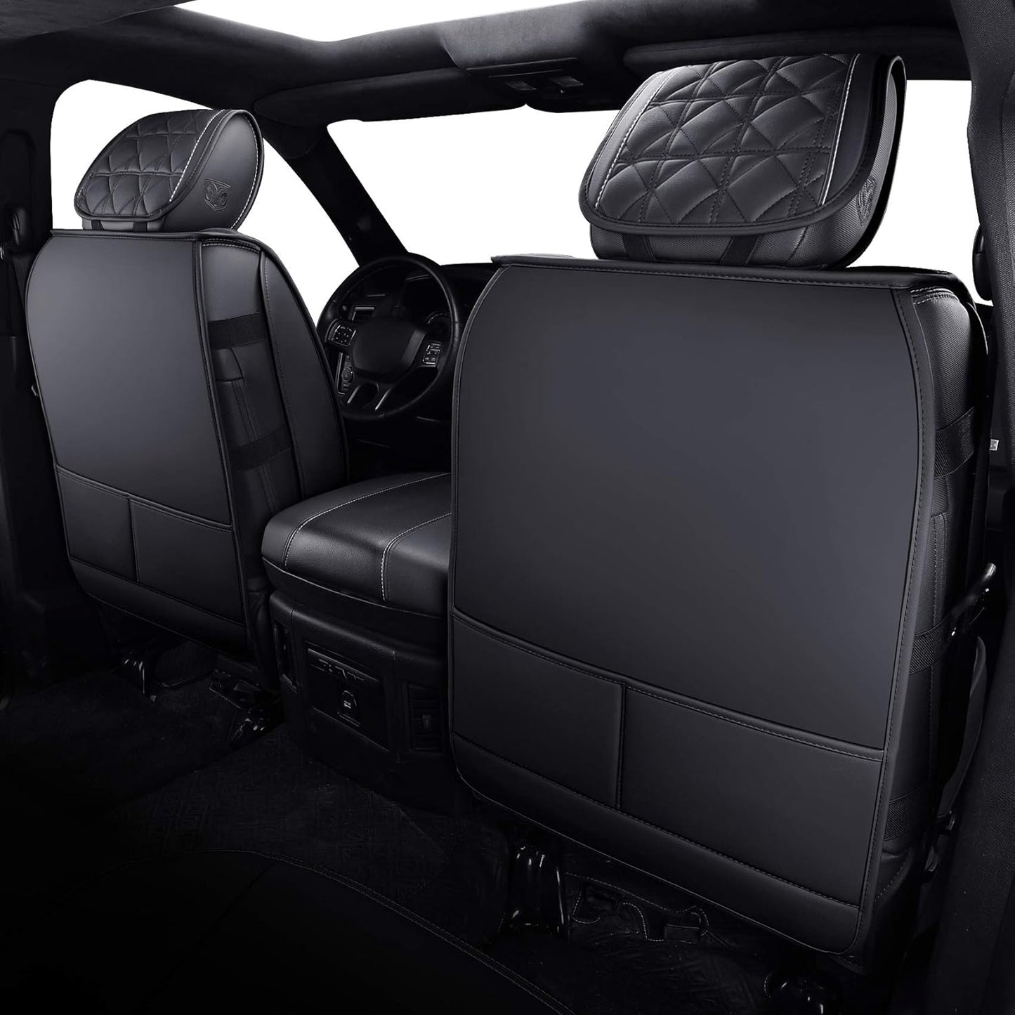YIERTAI for Dodge RAM Seat Covers Fit 2009-2023 2024 2025 1500 2500 3500HD Crew Double Cab Quad Cab Big Long Horn Rebel Tradesman Laramie Truck Waterproof Leather TSWKM Style(2 PCS Front/Black-White)