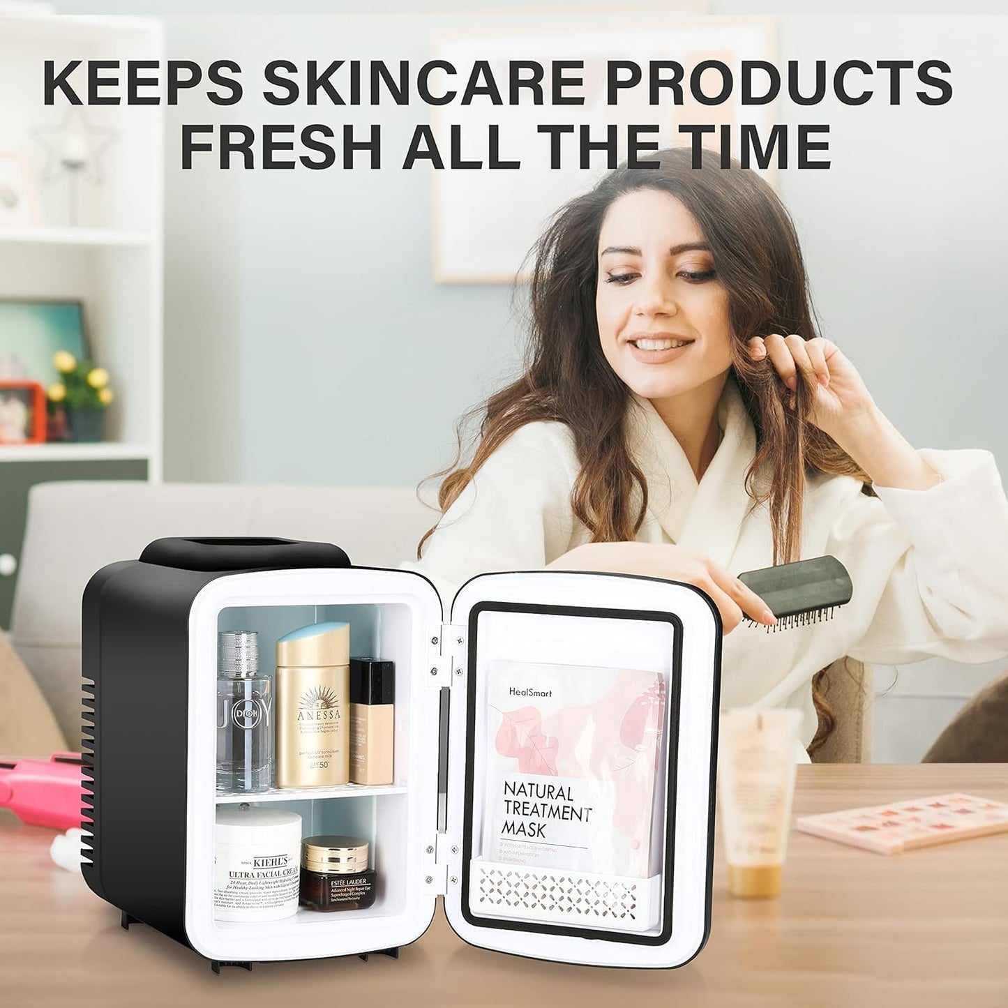 Simple Deluxe Mini Fridge, 4L/6 Can Portable Cooler & Warmer Freon-Free Small Refrigerator, Provide Compact Storage for Skincare, Beverage, Food, Cosmetics, for Bedroom, Office, Dorm, Black